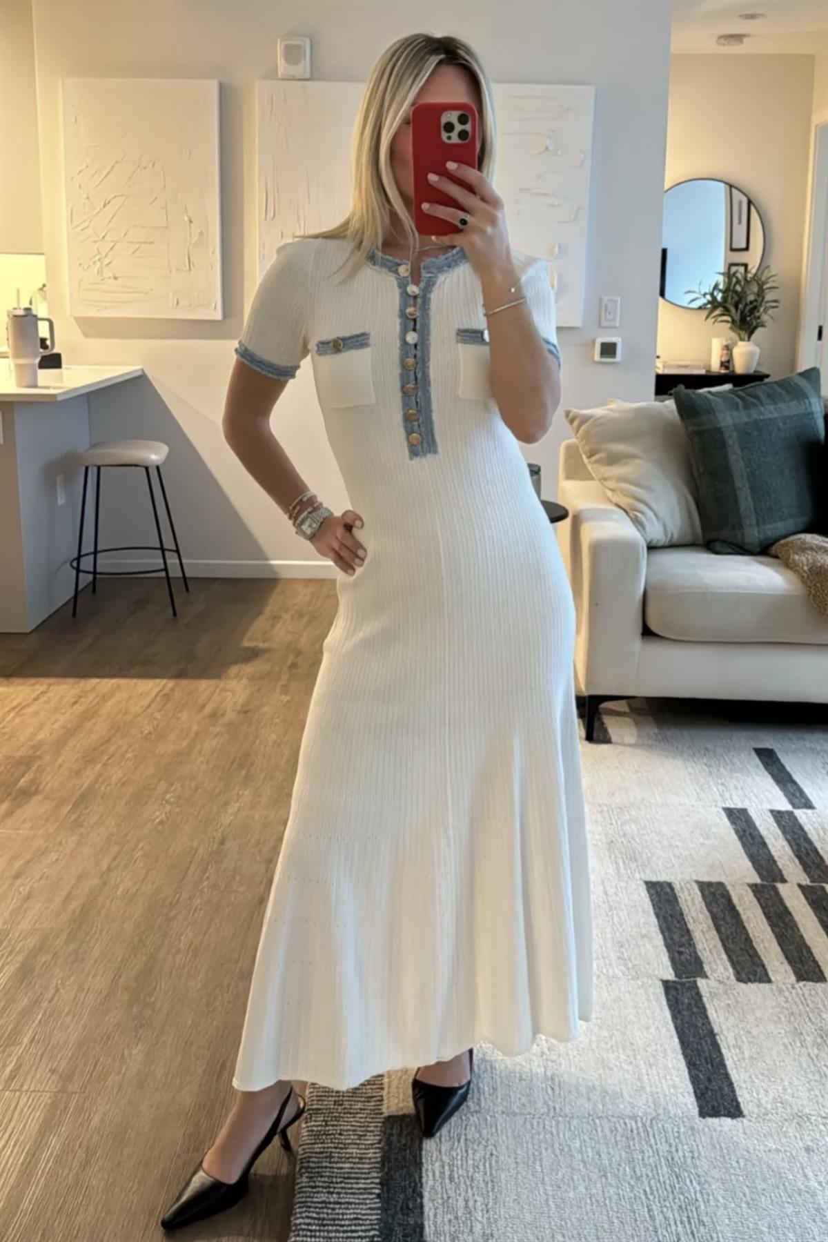 Denim Detaylı Triko Elbise