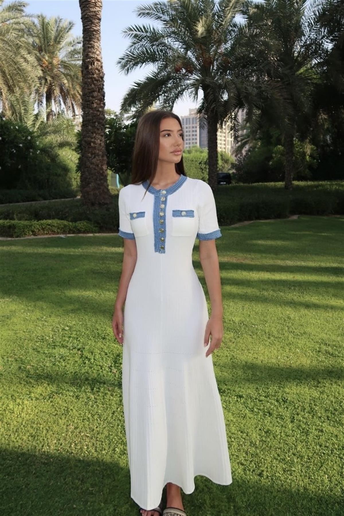 Denim Detaylı Triko Elbise