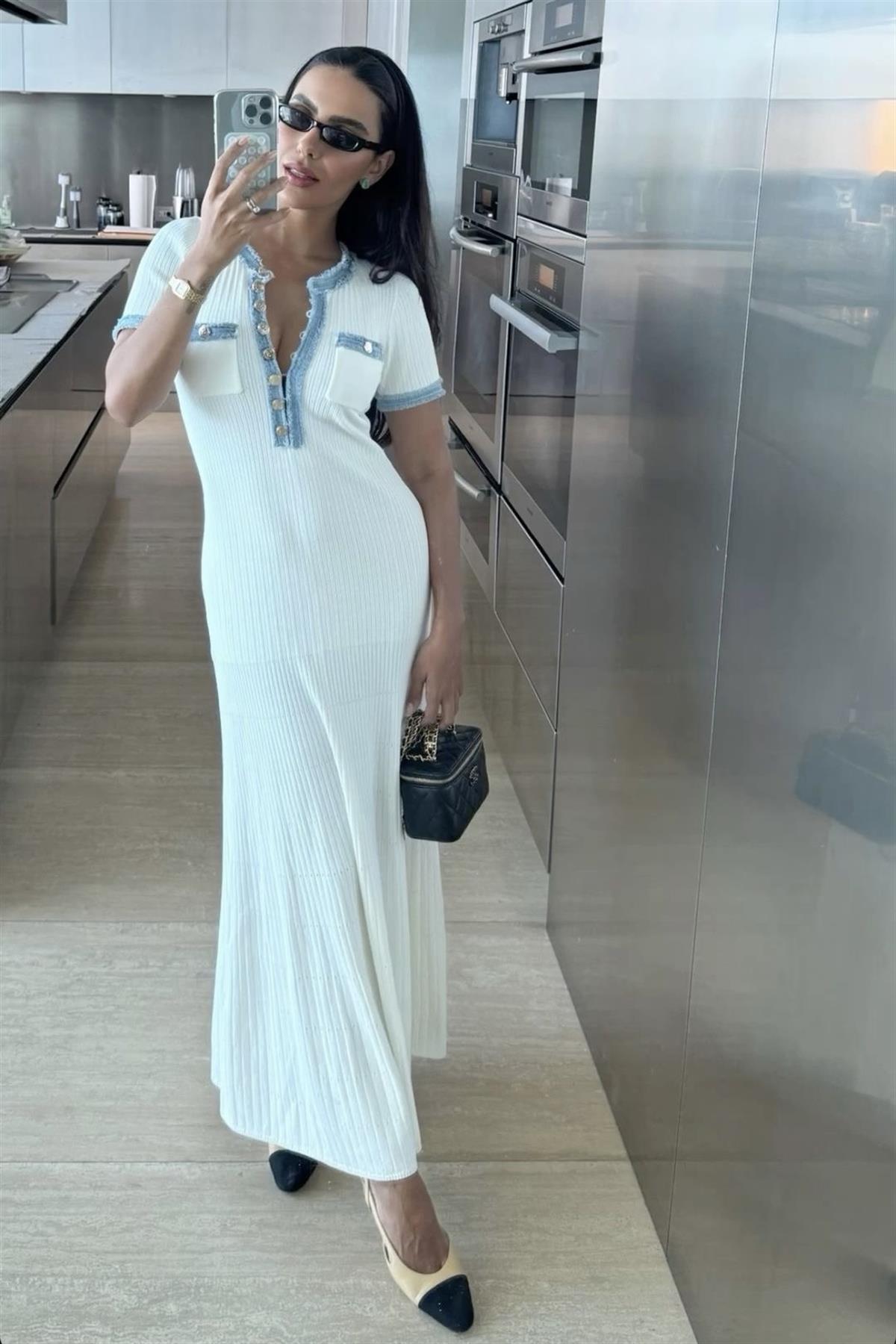 Denim Detaylı Triko Elbise