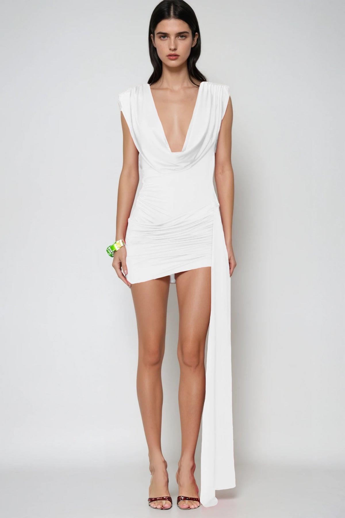 Derin Dökümlü Yaka Asimetrik Mini Elbise - Beyaz