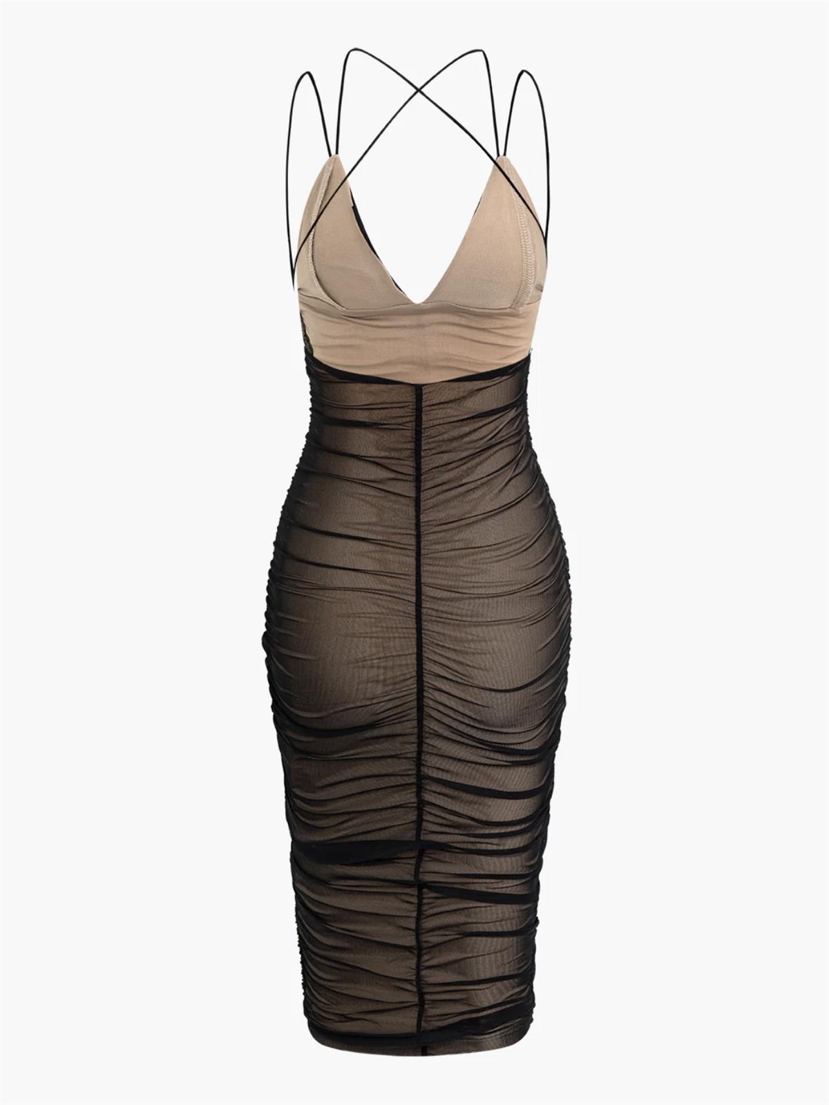 Drapeli Astarlı Midi Tül Elbise