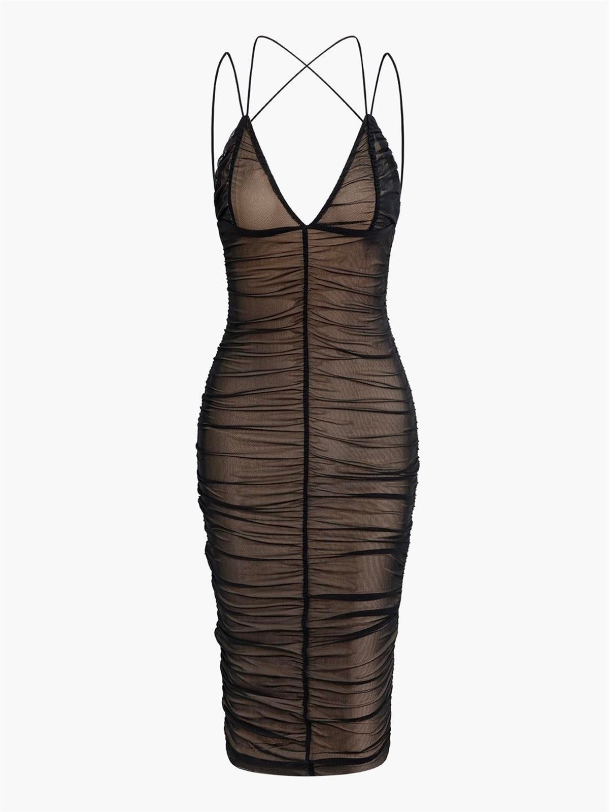 Drapeli Astarlı Midi Tül Elbise