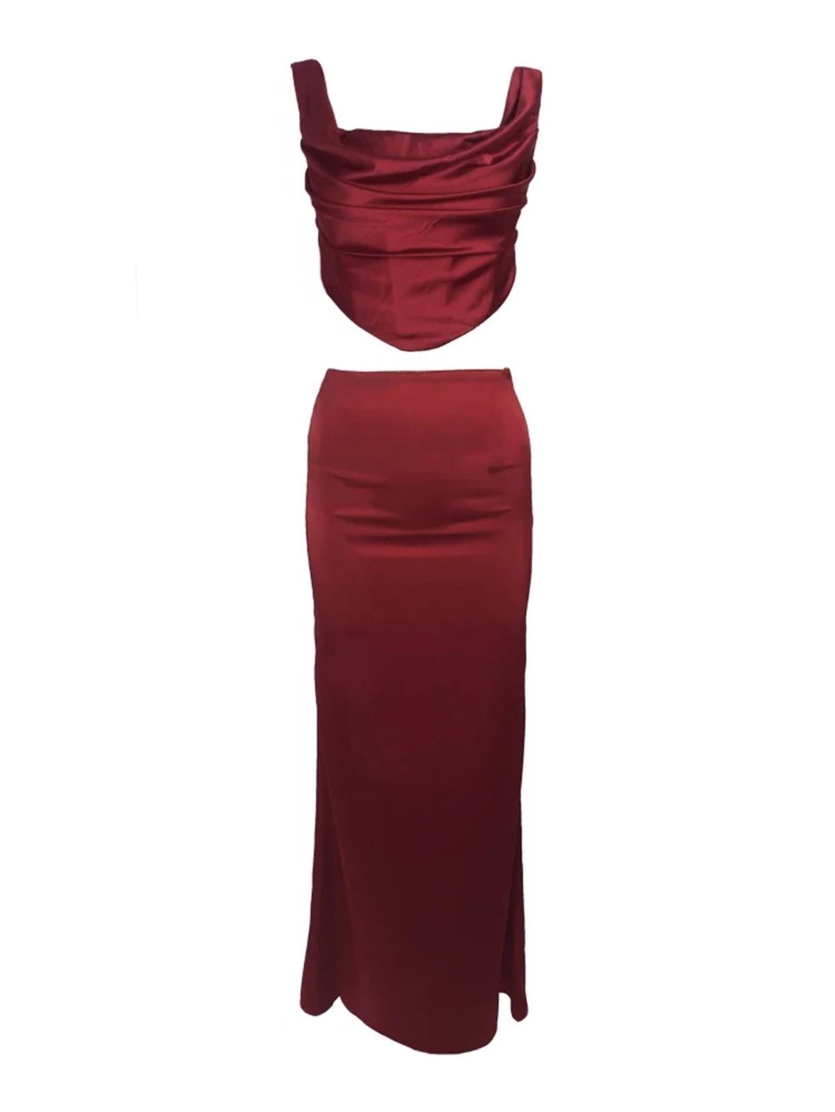 Drapeli Korse Büstiyerli Bordo Saten İkili Takım