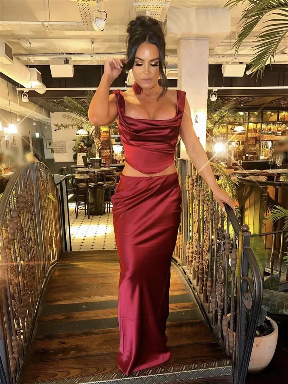 Drapeli Korse Büstiyerli Bordo Saten İkili Takım