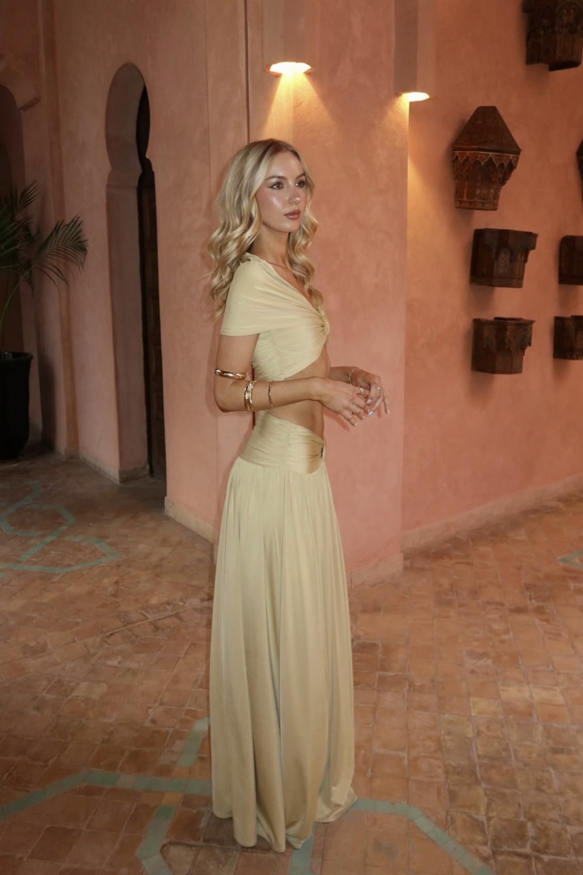 Drapeli Nude Maxi Etek Takım 