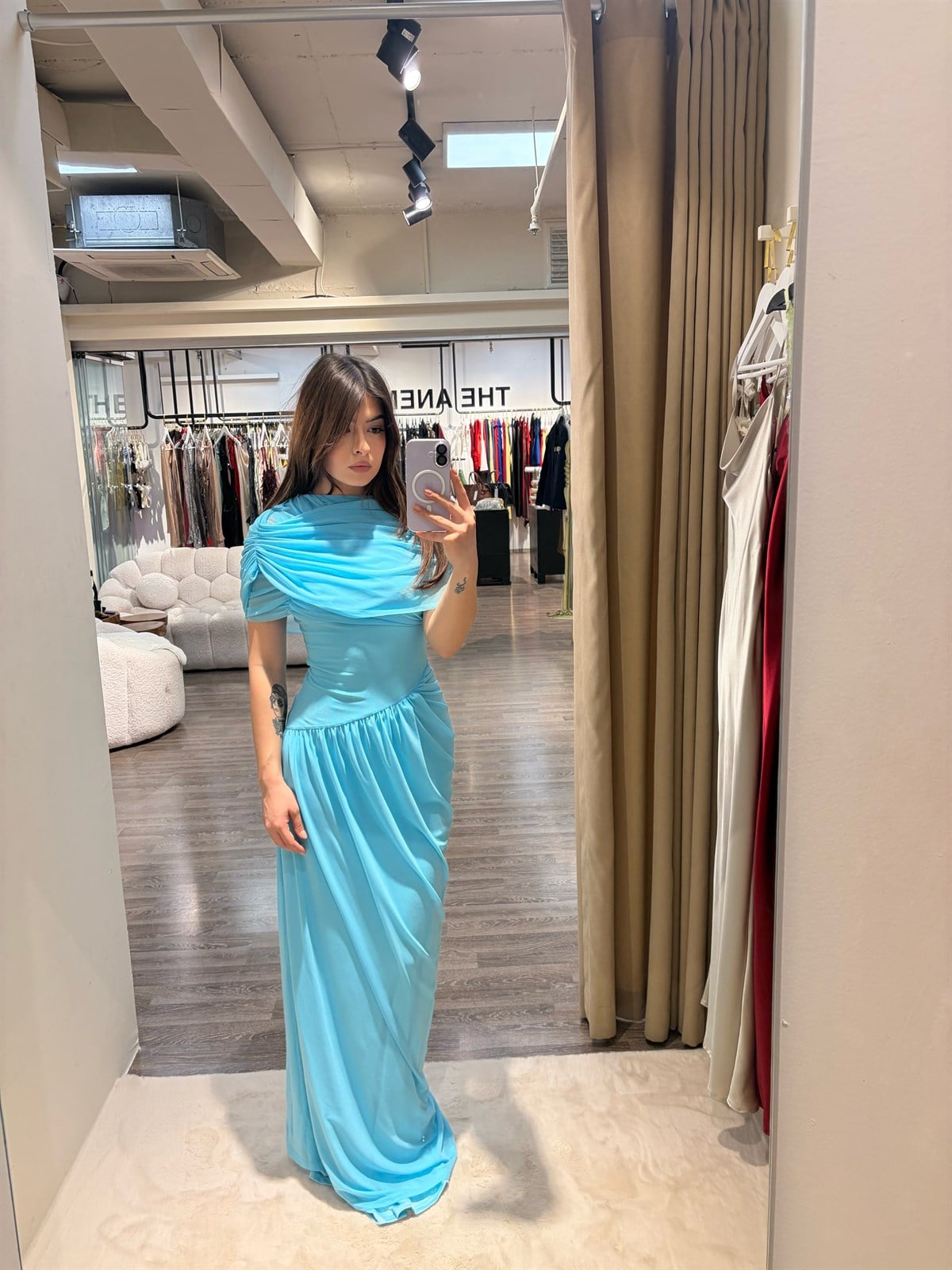 Drapeli Plise Formlu Asimetrik Tül  Elbise - Mavi 