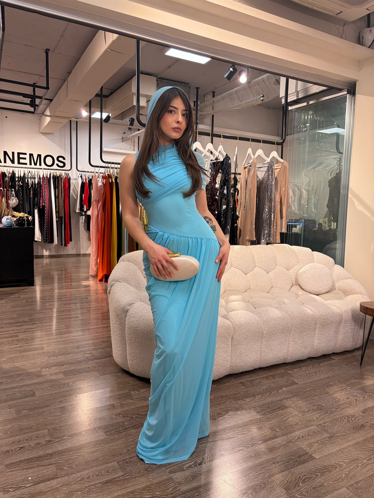 Drapeli Plise Formlu Asimetrik Tül  Elbise - Mavi 