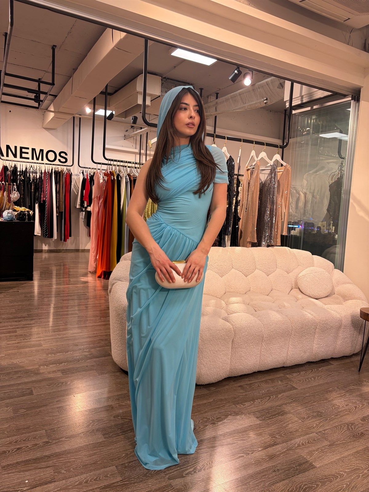 Drapeli Plise Formlu Asimetrik Tül  Elbise - Mavi 