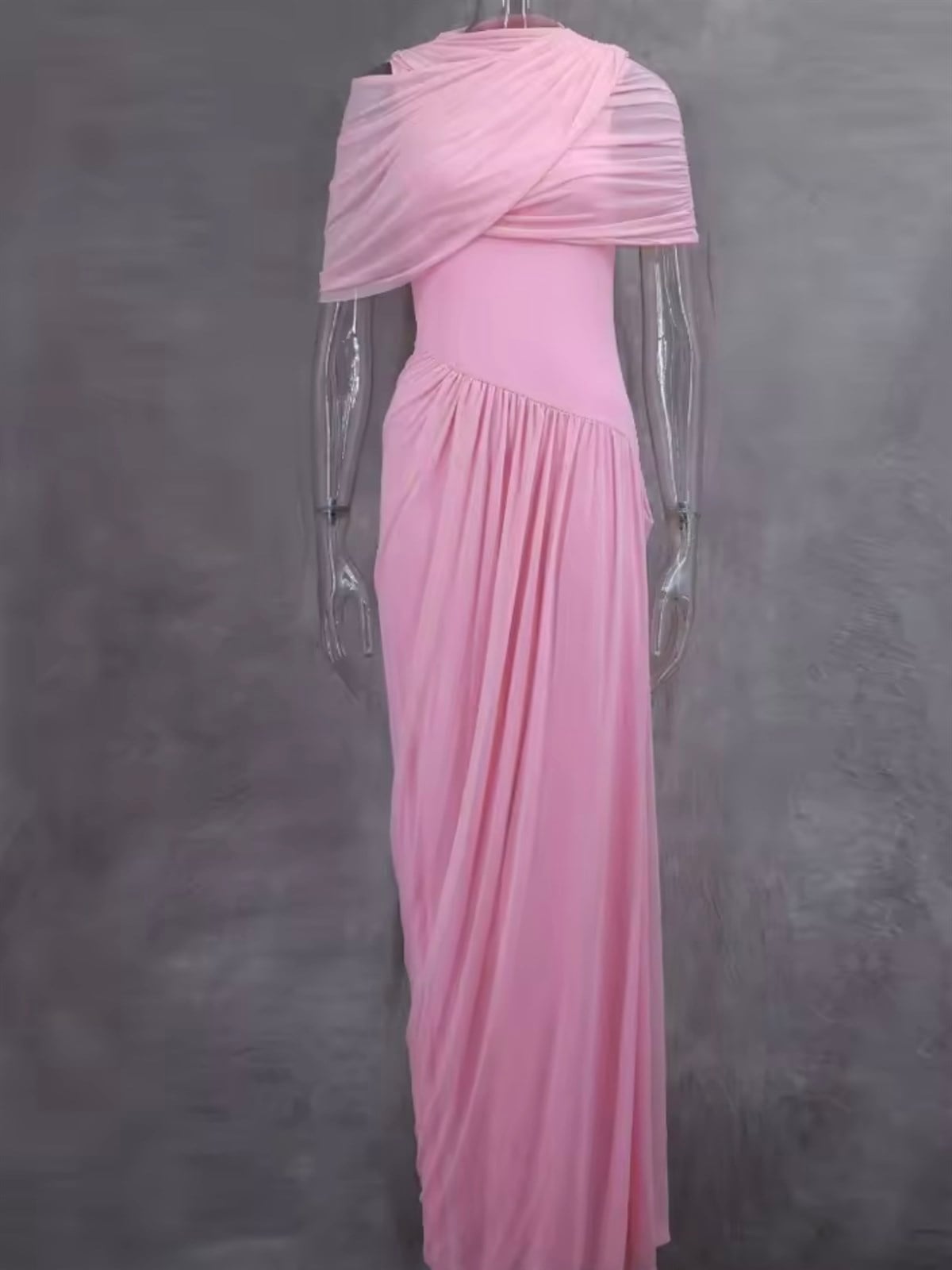 Drapeli Plise Formlu Asimetrik Tül  Elbise - Pembe