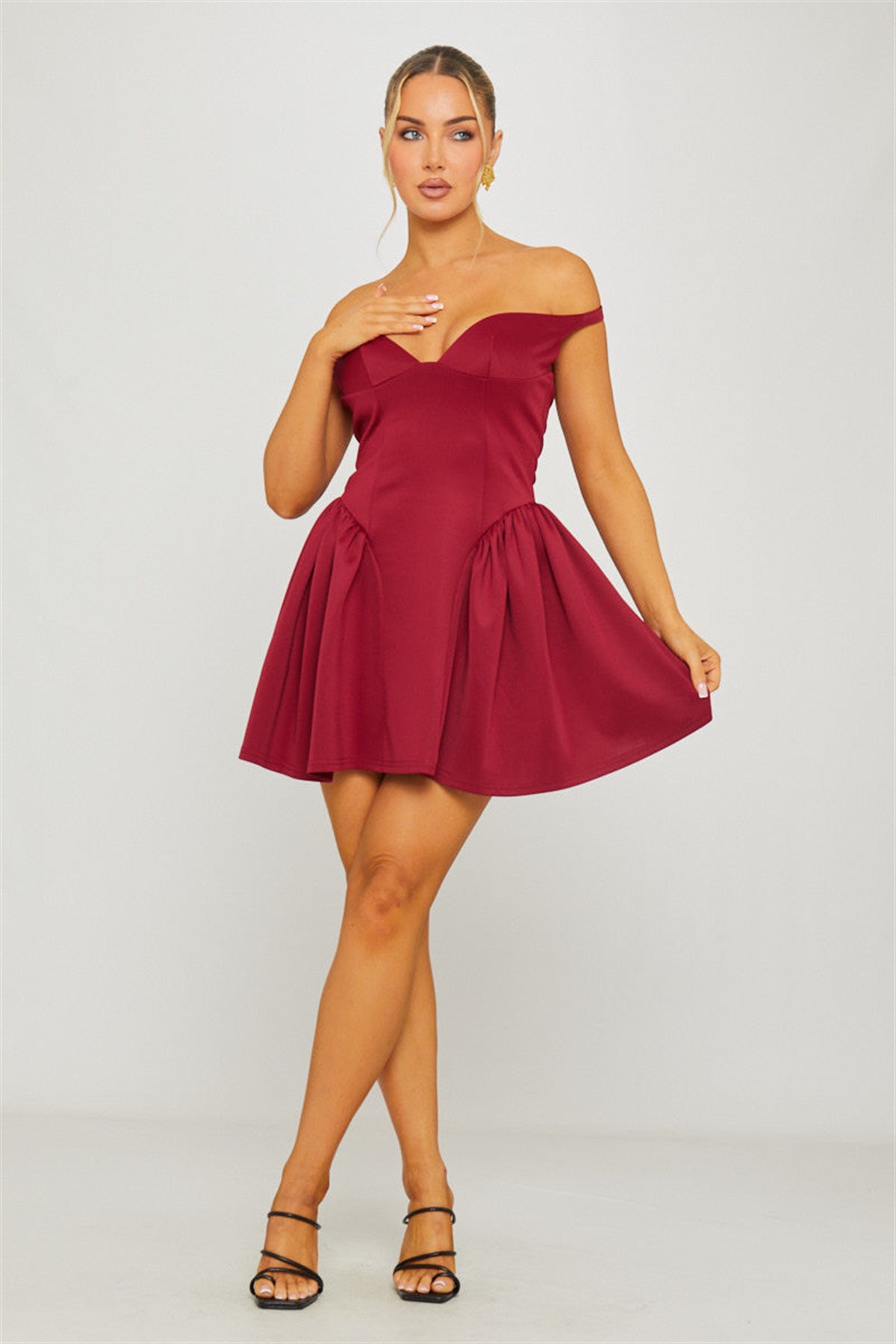 Düşük Omuz Prenses Kesim Kloş Mini Elbise - Bordo