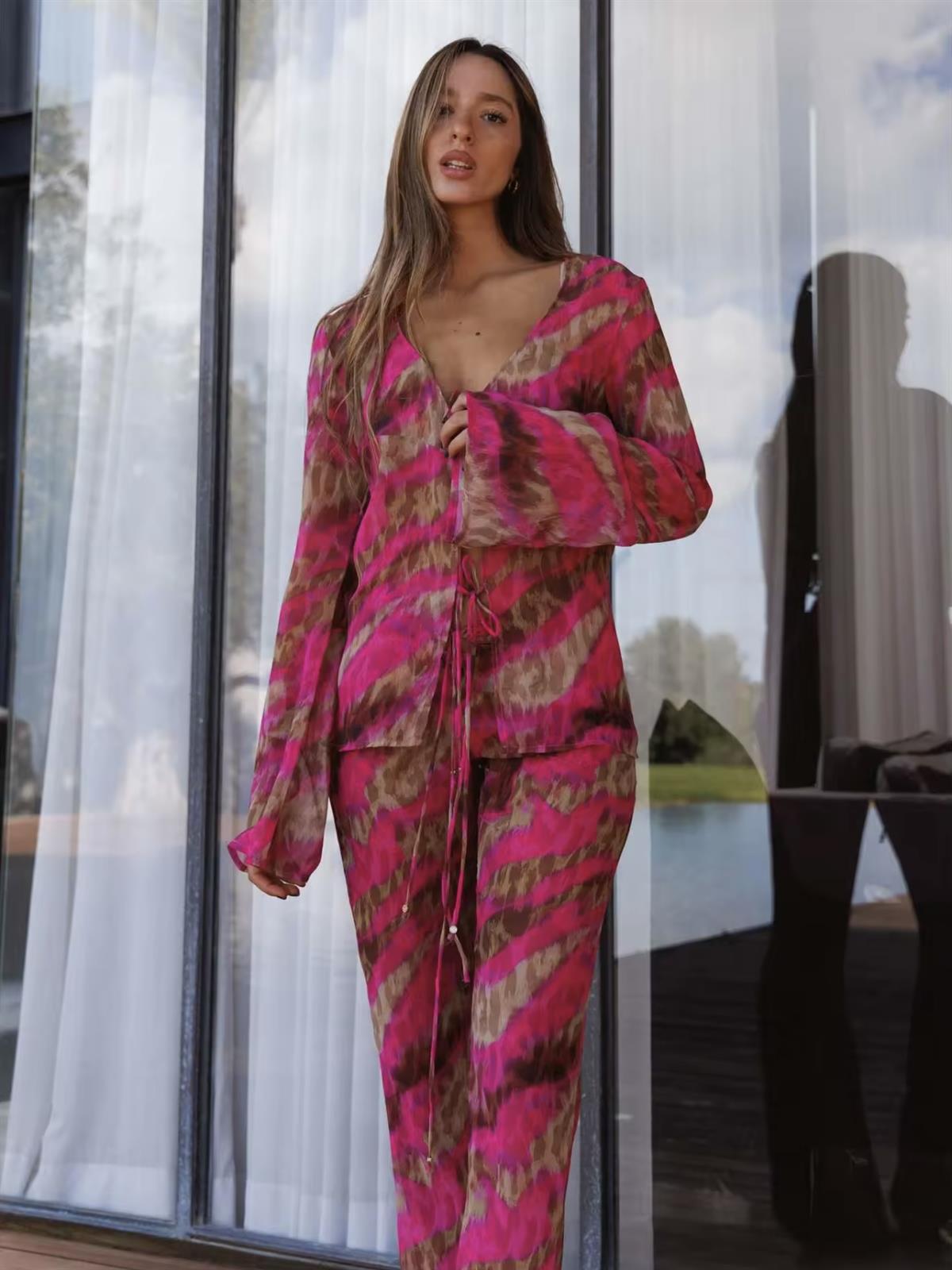 Fuşya Leopar Desenli 4Lü Plaj Takımı