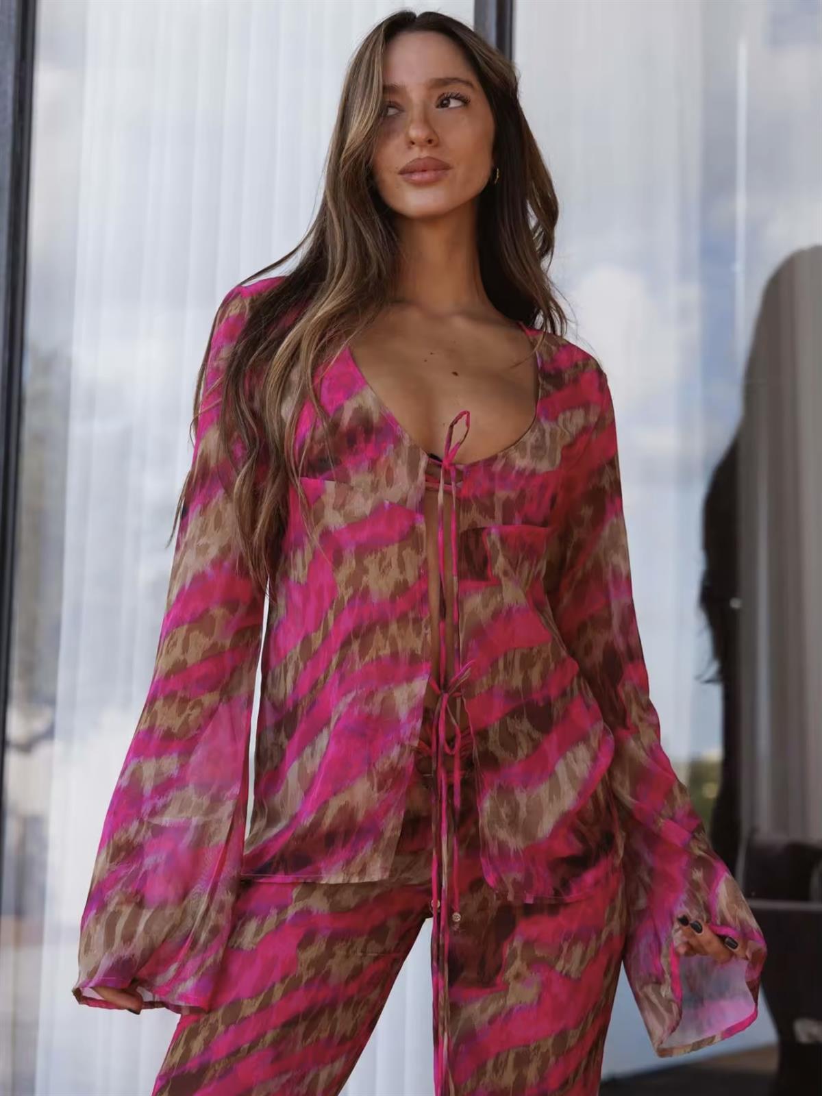 Fuşya Leopar Desenli 4Lü Plaj Takımı