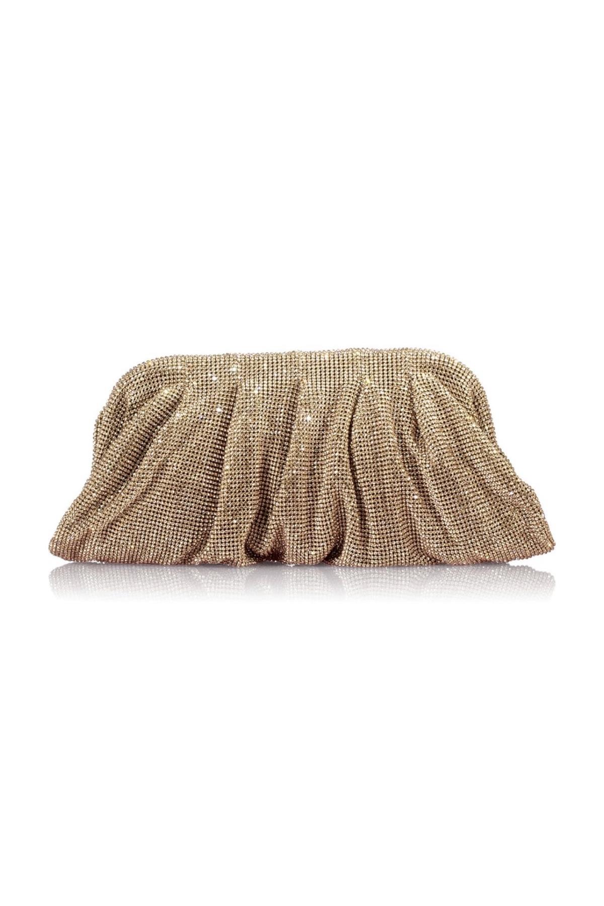Işıltılı Drapeli Zincir Askılı Clutch Çanta - Gold