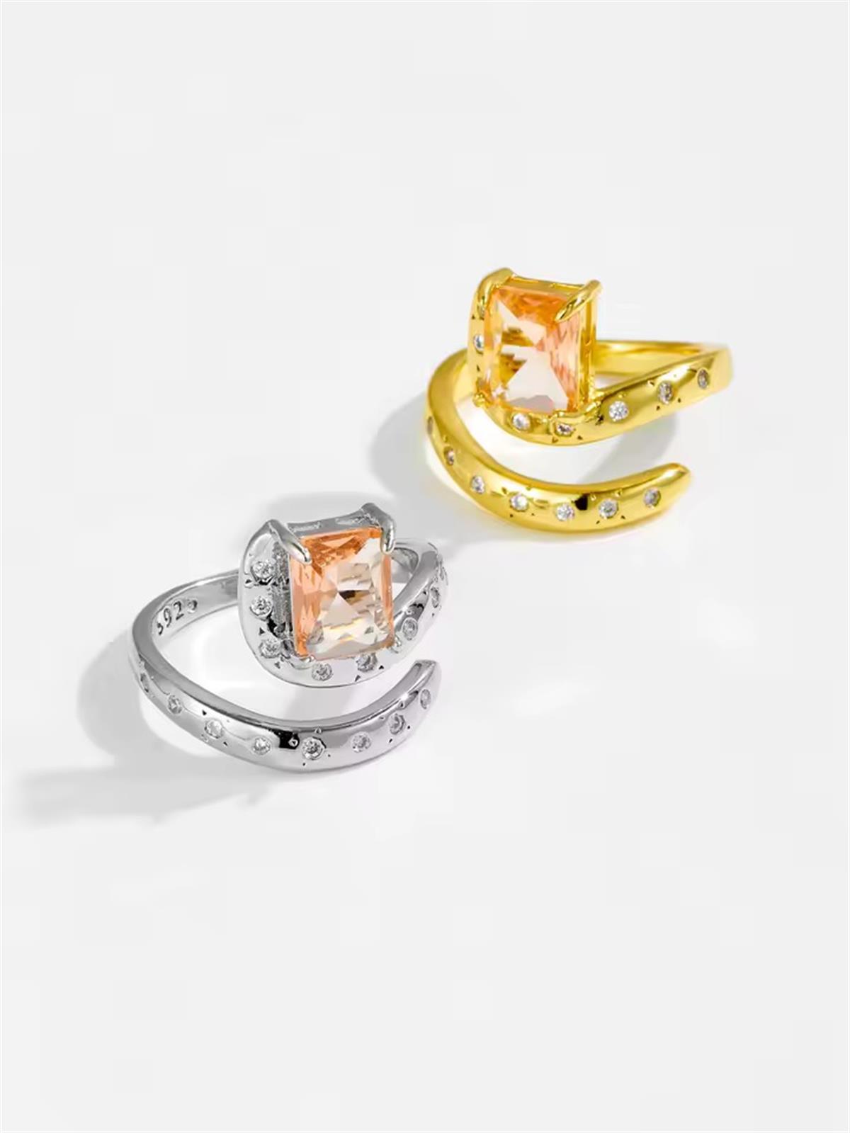 Gold Taş Ayarlanabilir Yüzük / 925 Ayar Gümüş 