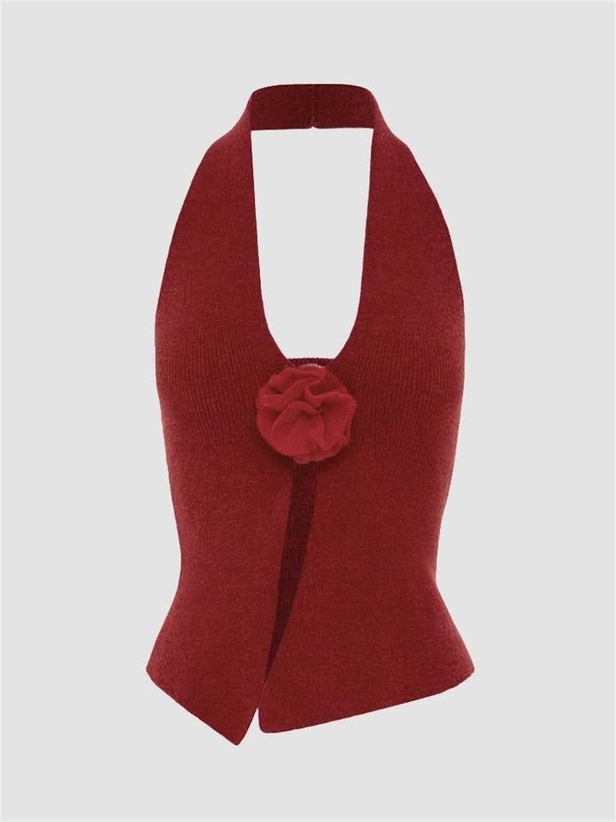 Gül Detaylı Kırmızı Örme Bluz