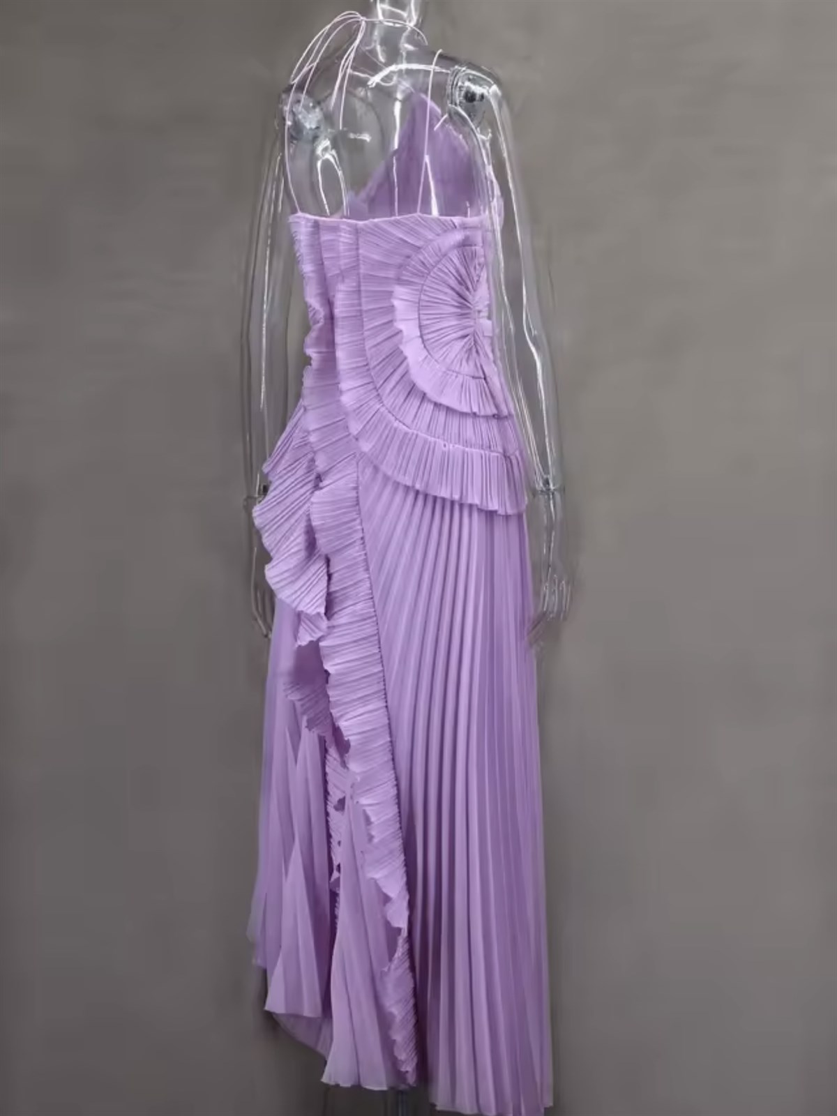 Halter Yaka Fırfır Detaylı Drapeli Midi Elbise - Mor