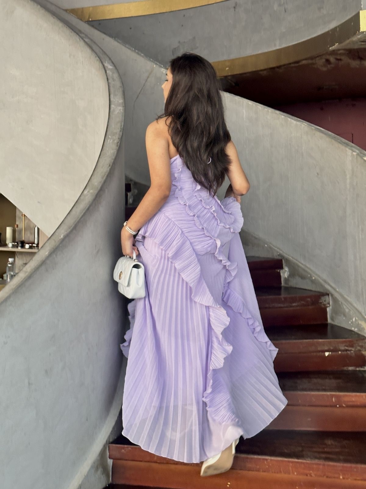 Halter Yaka Fırfır Detaylı Drapeli Midi Elbise - Mor