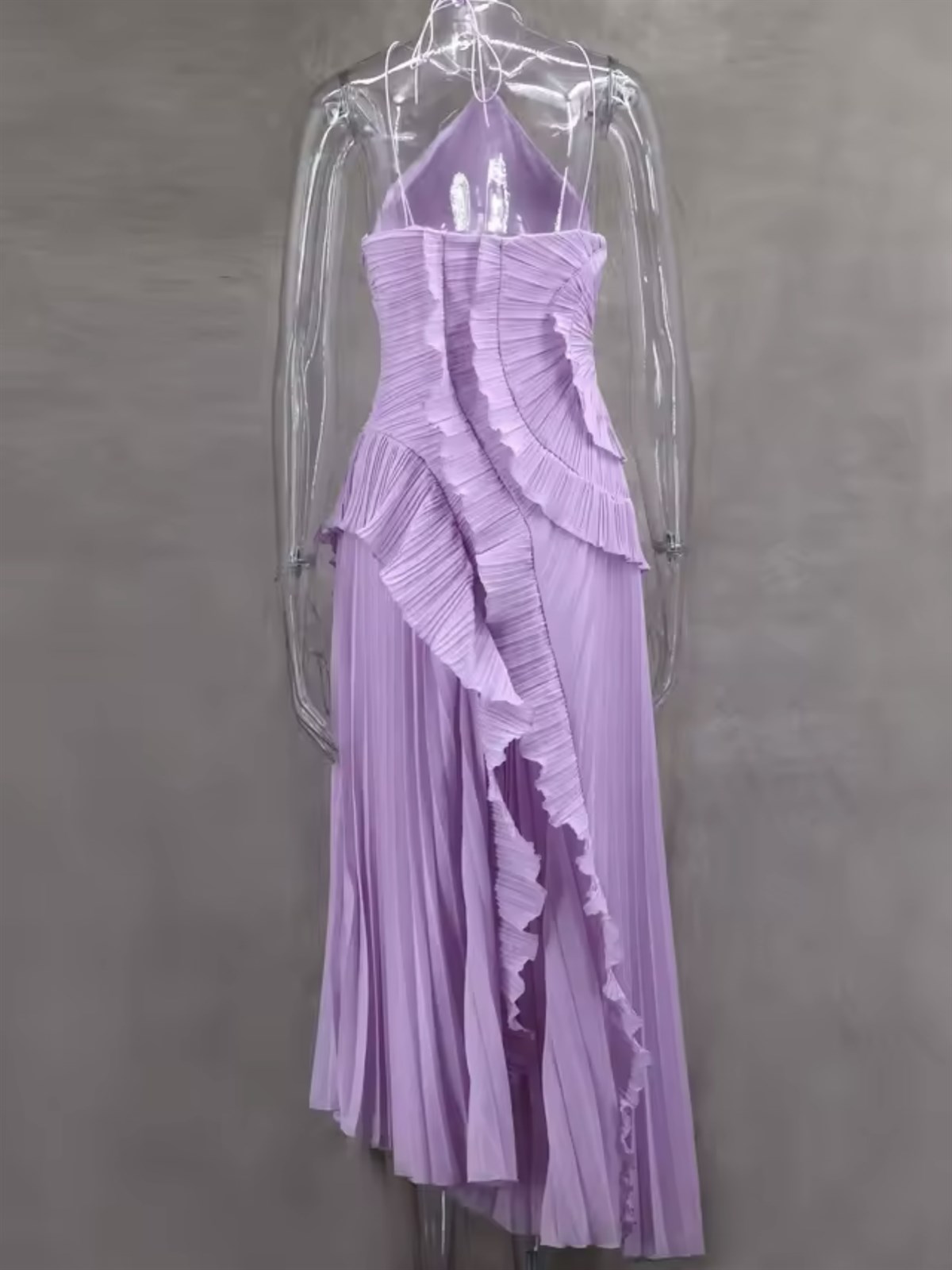 Halter Yaka Fırfır Detaylı Drapeli Midi Elbise - Mor