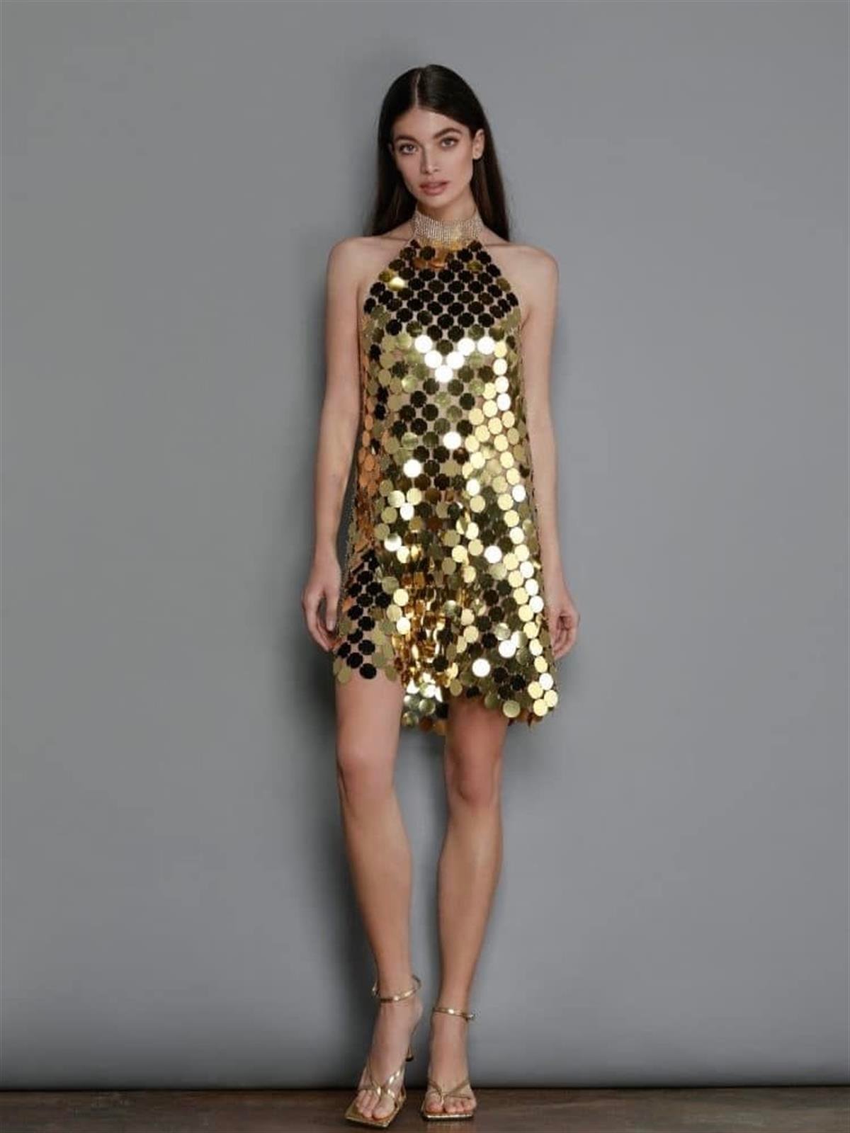 HALTER YAKA MİNİ ELBİSE - GOLD