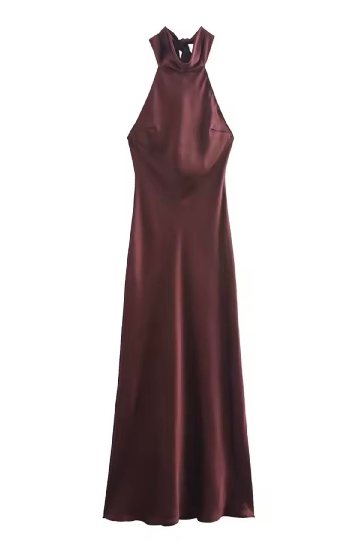 Halter Yaka Sırt Dekolteli Midi Saten Elbise - Bordo