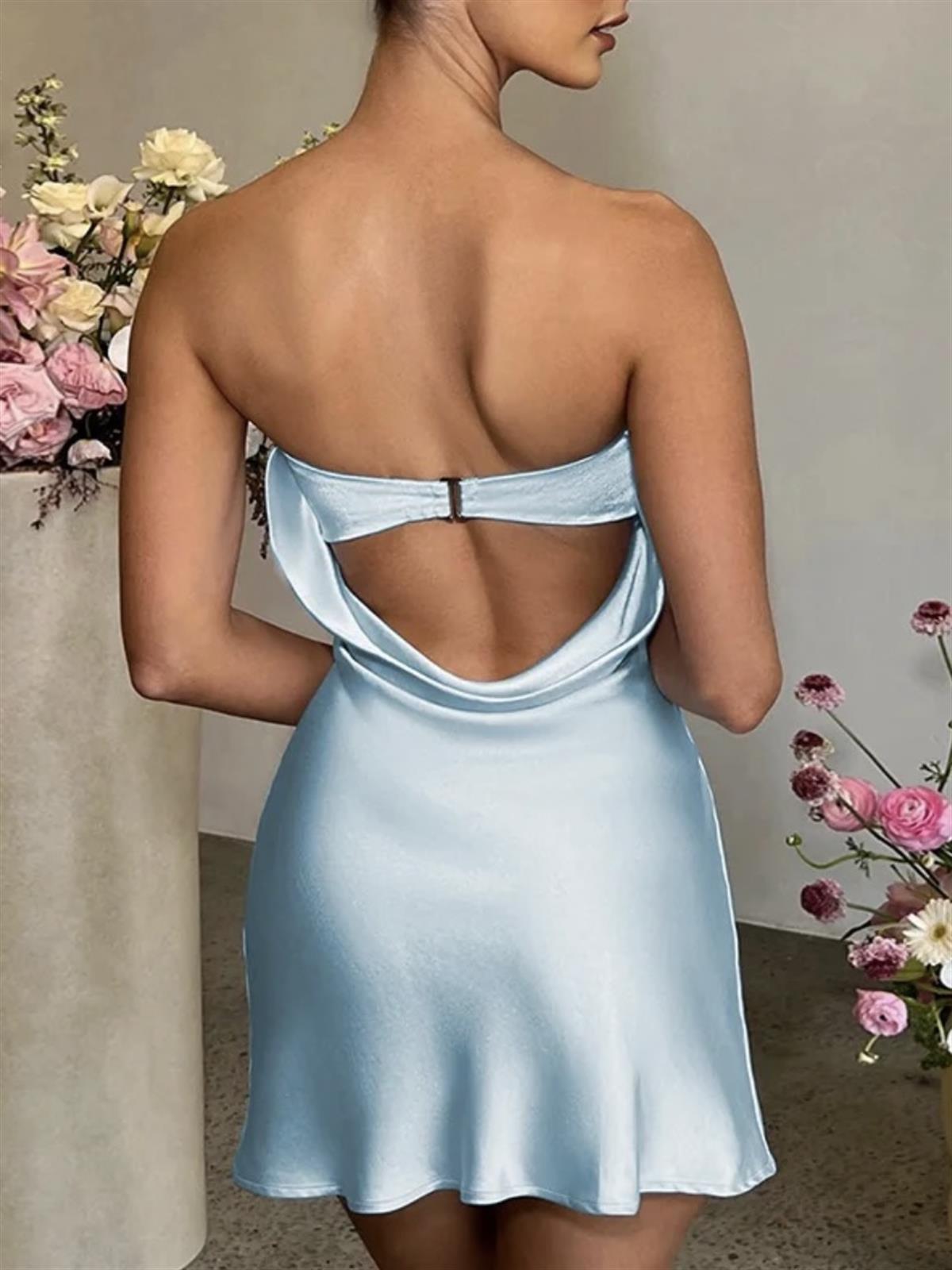 Hazel Sırt Dekolteli Mini Mavi Saten Elbise