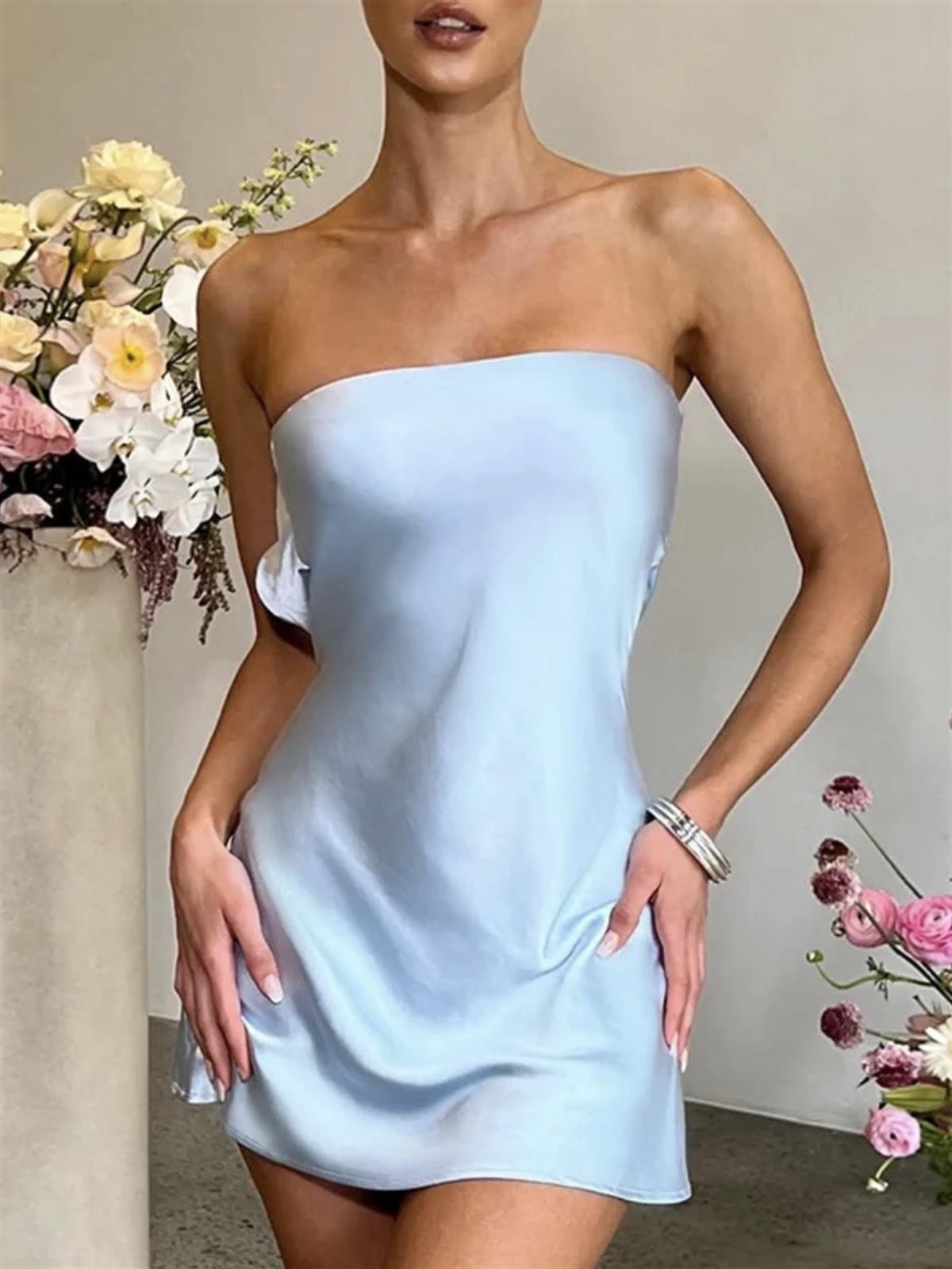 Hazel Sırt Dekolteli Mini Mavi Saten Elbise