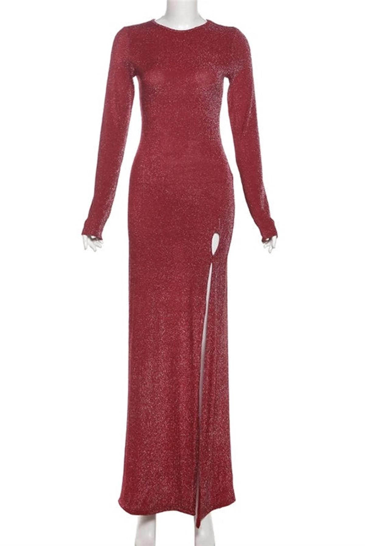 Işıltı Dokunuşlu Yırtmaç Detaylı Bordo Uzun Elbise
