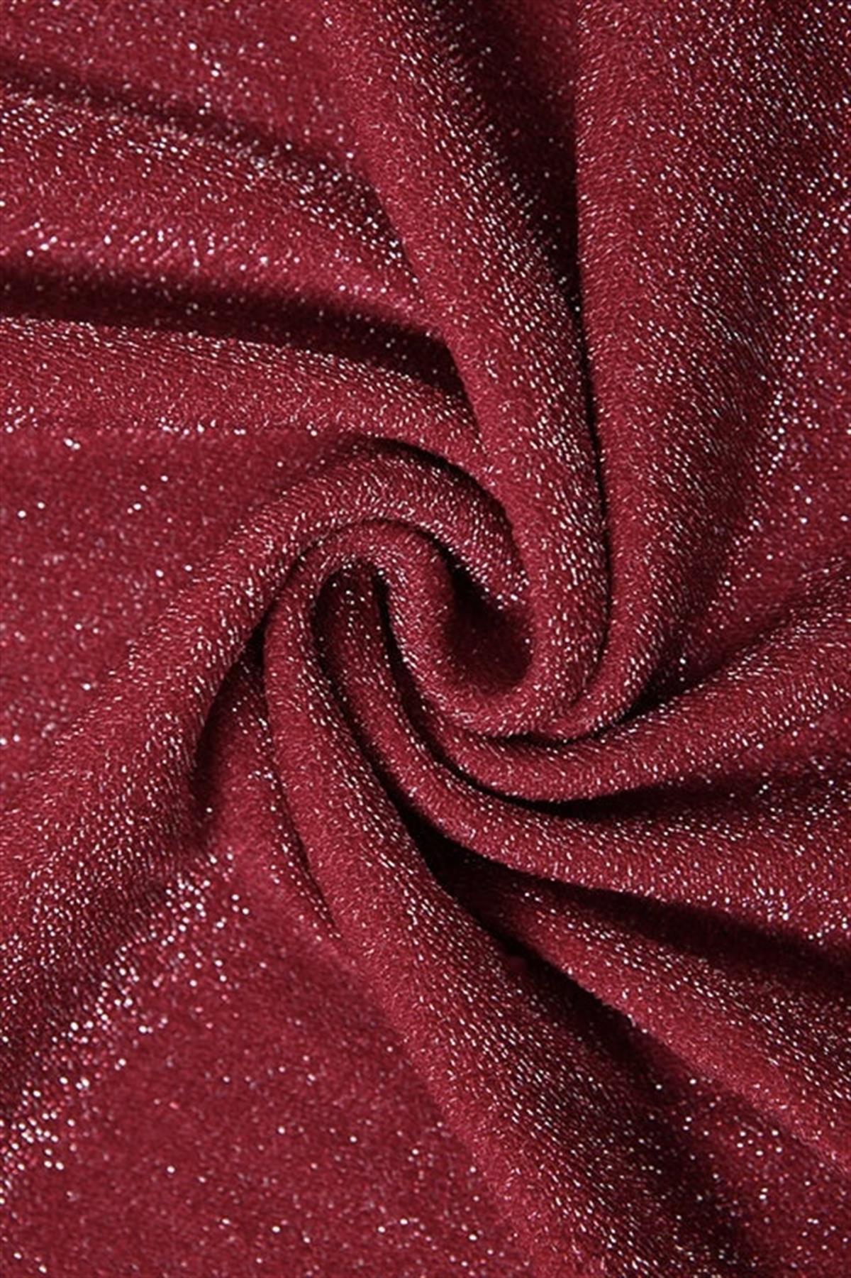 Işıltı Dokunuşlu Yırtmaç Detaylı Bordo Uzun Elbise