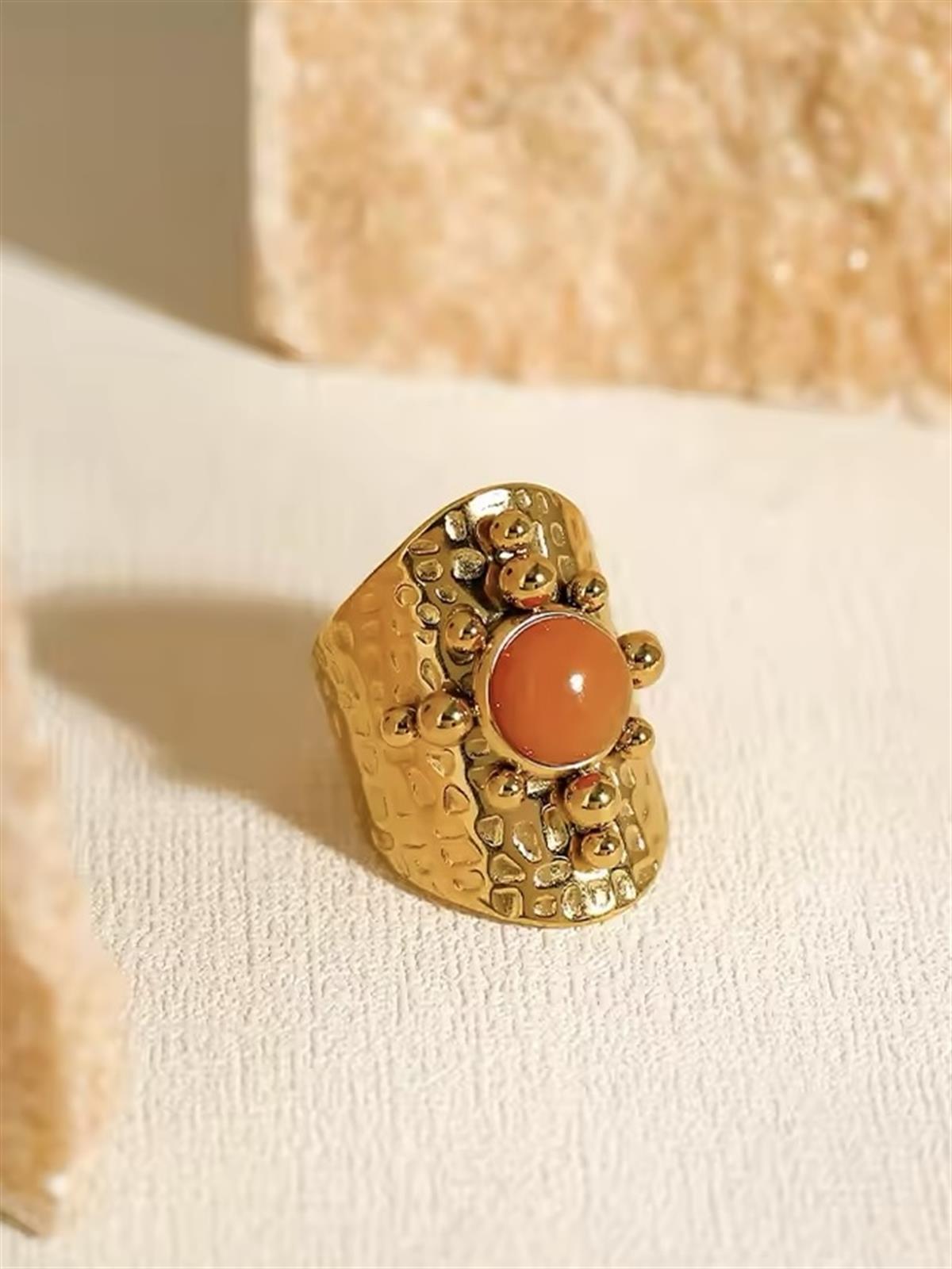 Jade Turuncu Taş Detaylı Etnik Yüzük