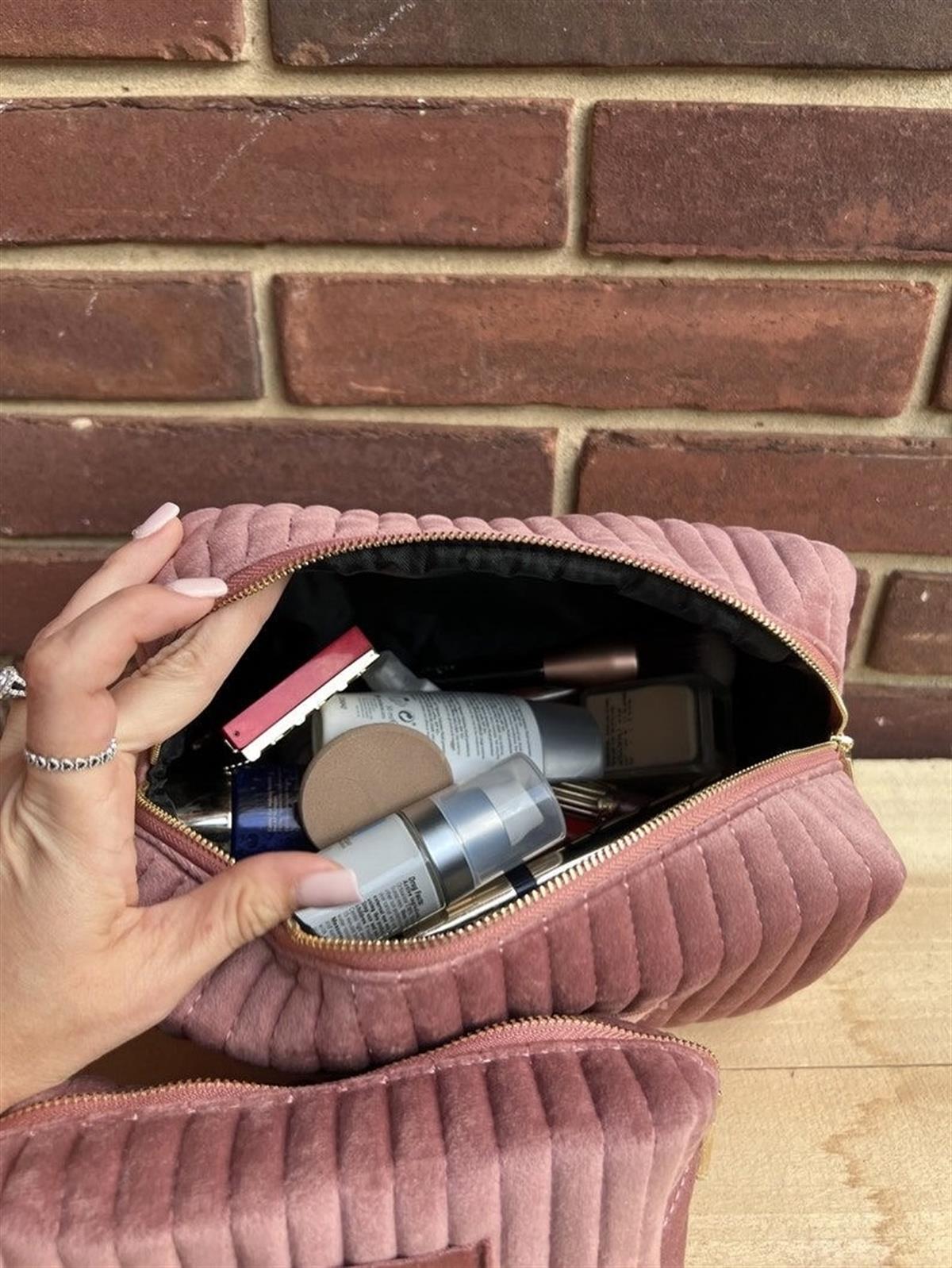 Kadife Büyük Boy Pembe Makyaj Çantası