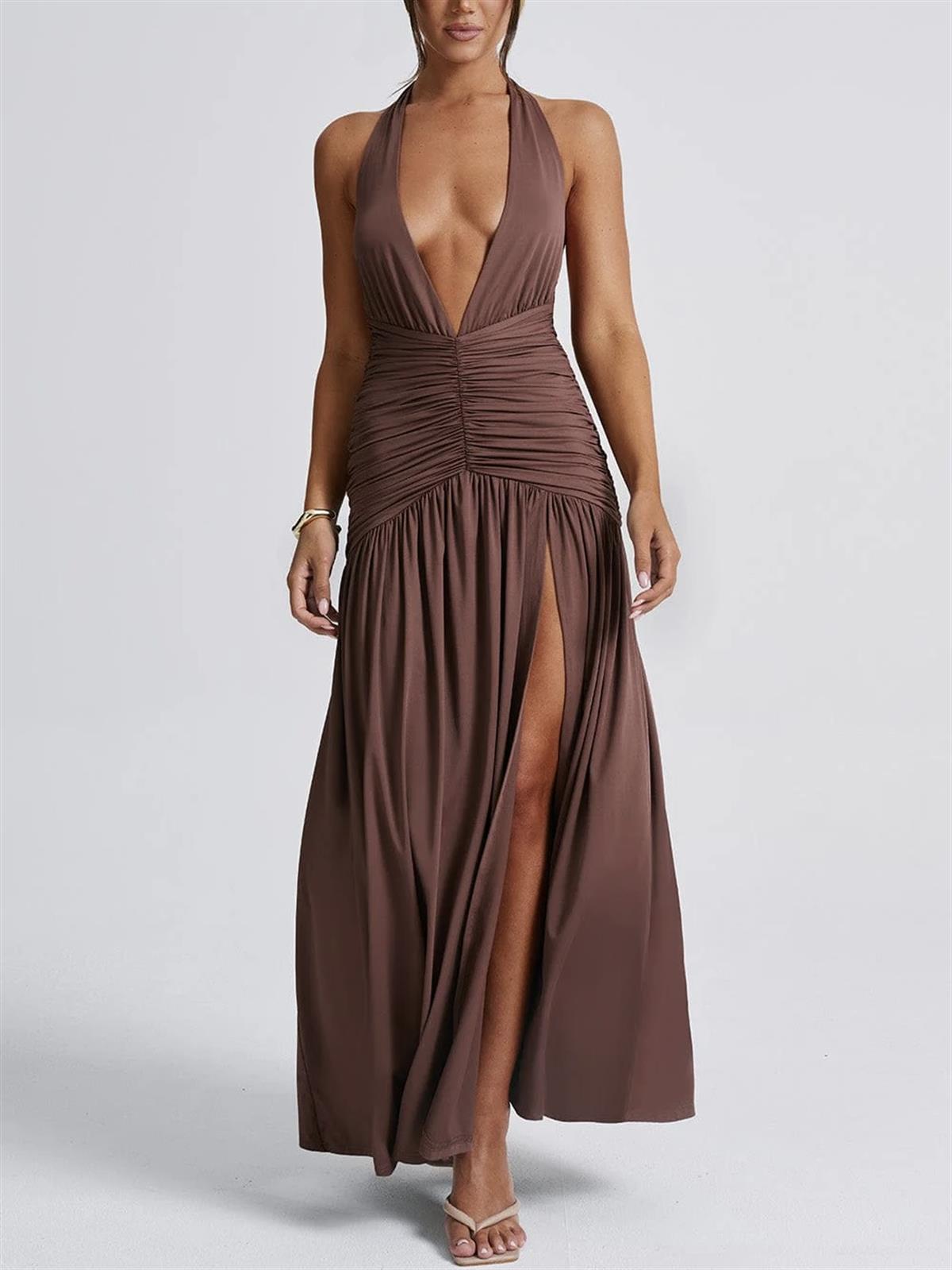 Kahverengi Derin V Yaka Yüksek Yırtmaçlı Drapeli Elbise