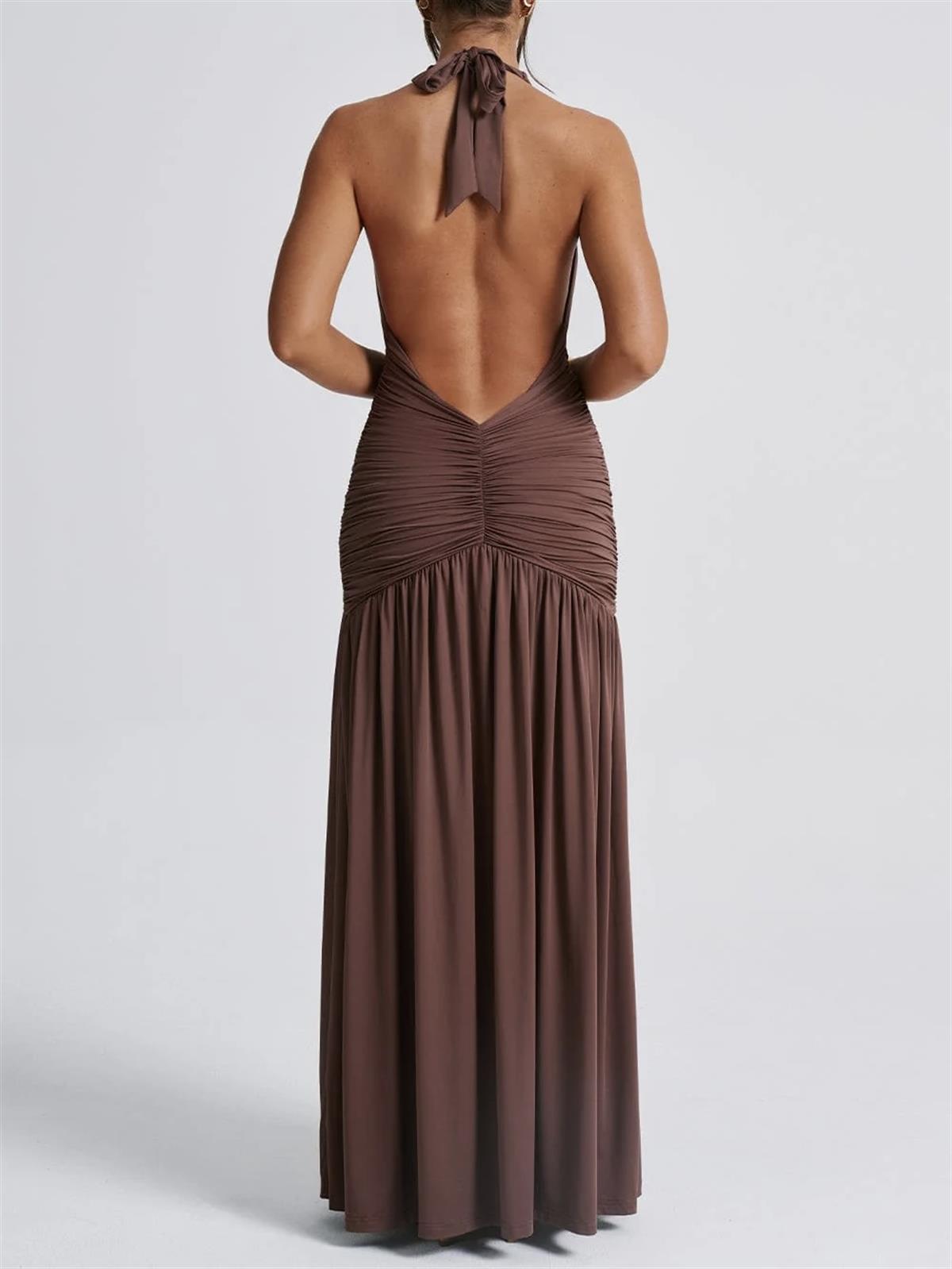 Kahverengi Derin V Yaka Yüksek Yırtmaçlı Drapeli Elbise