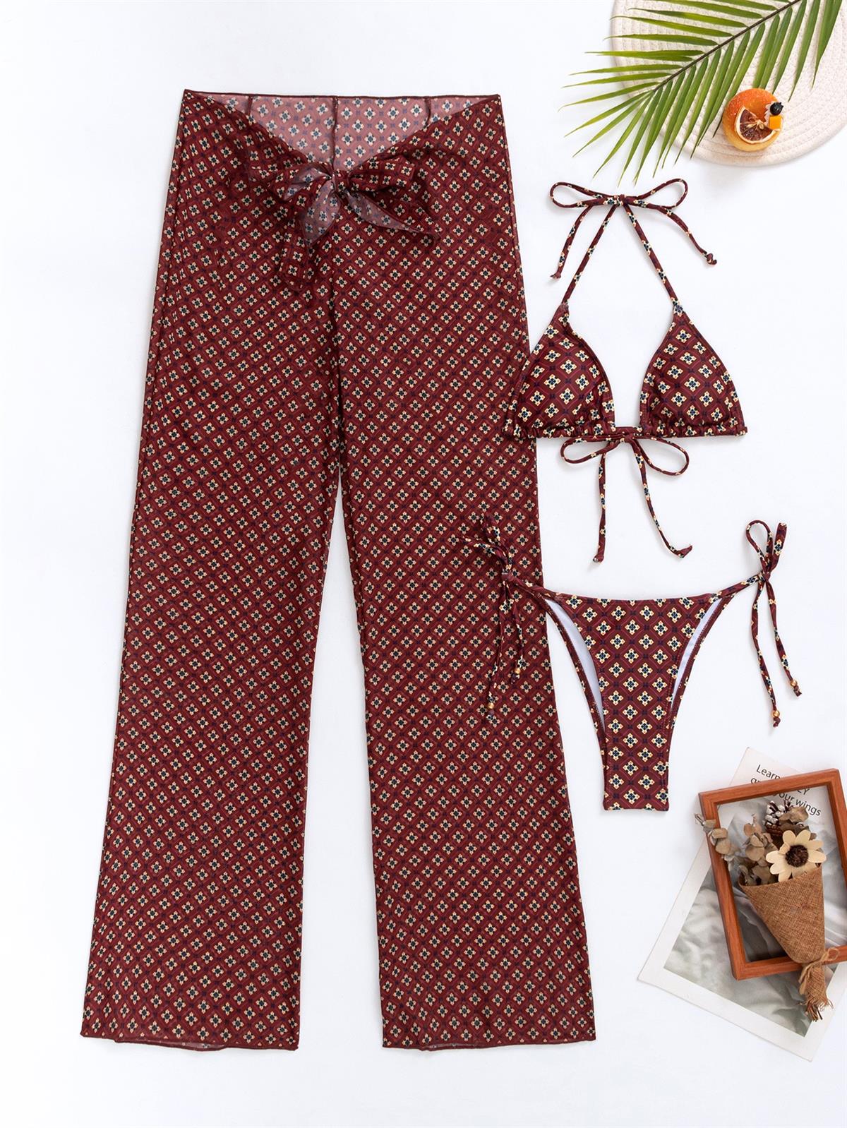 Kahverengi Desenli Üçlü Bikini Takımı