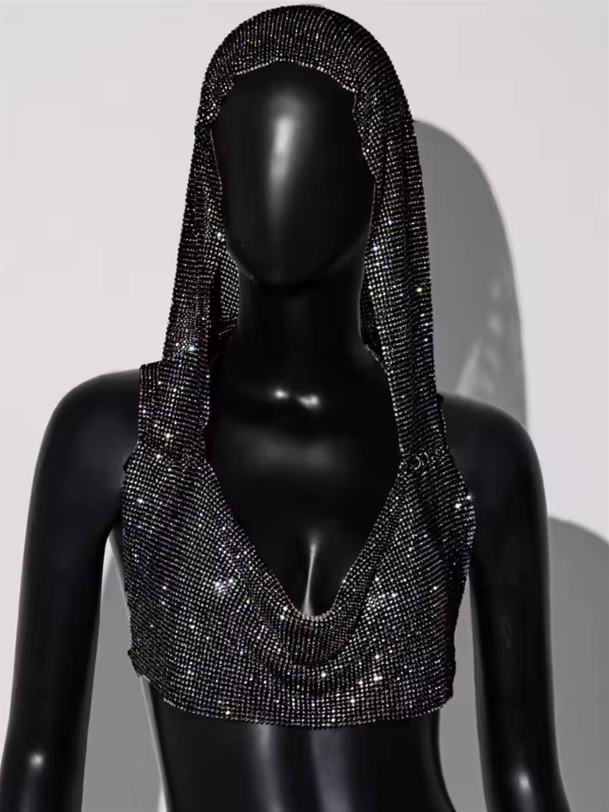 Kapüşonlu Chainmail Siyah Mini Büstiyer