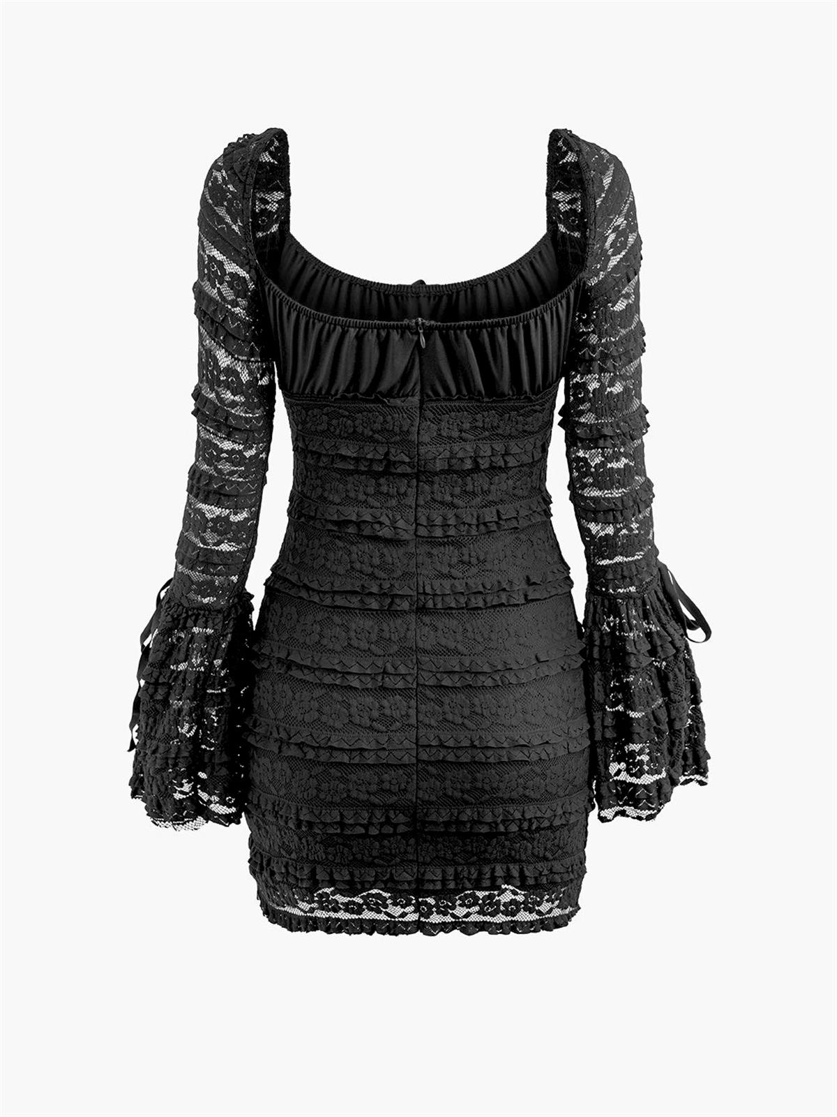 Kare Yaka Dantel Detaylı Mini Elbise - Siyah