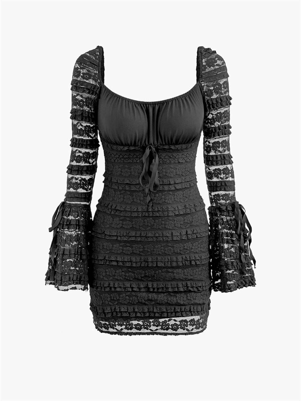 Kare Yaka Dantel Detaylı Mini Elbise - Siyah