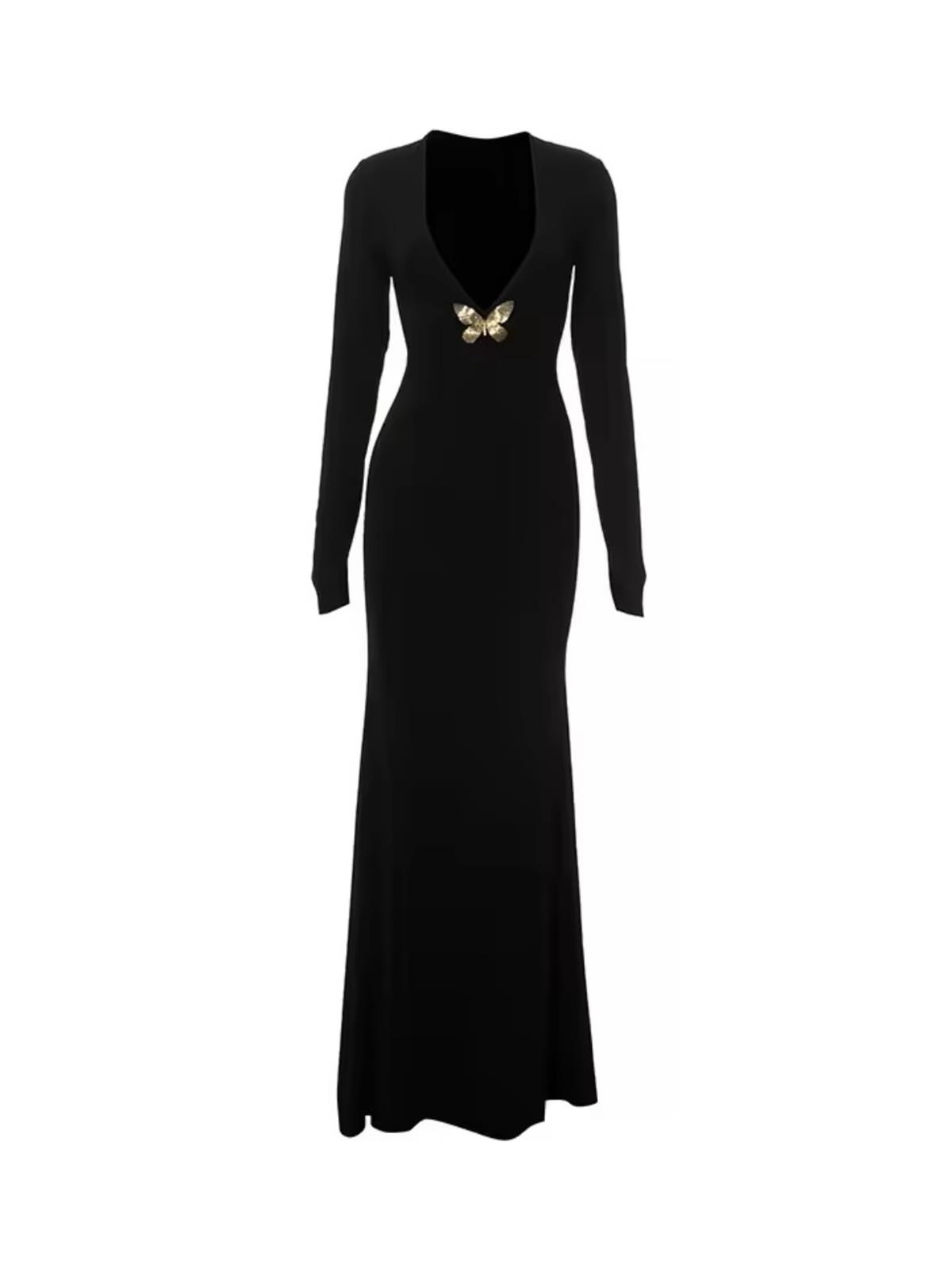 Kelebek Detaylı Siyah Uzun Elbise
