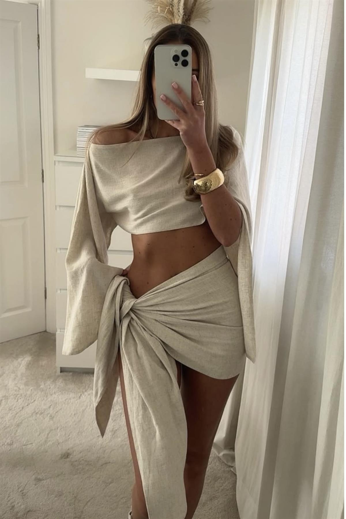 Keten Bağlamalı Asimetrik Takım - Bej