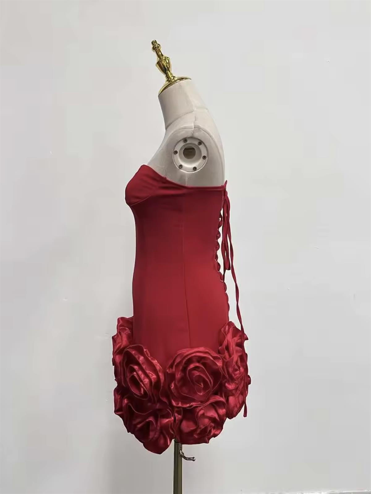 Kırmızı Gül Aplikeli Mini Elbise