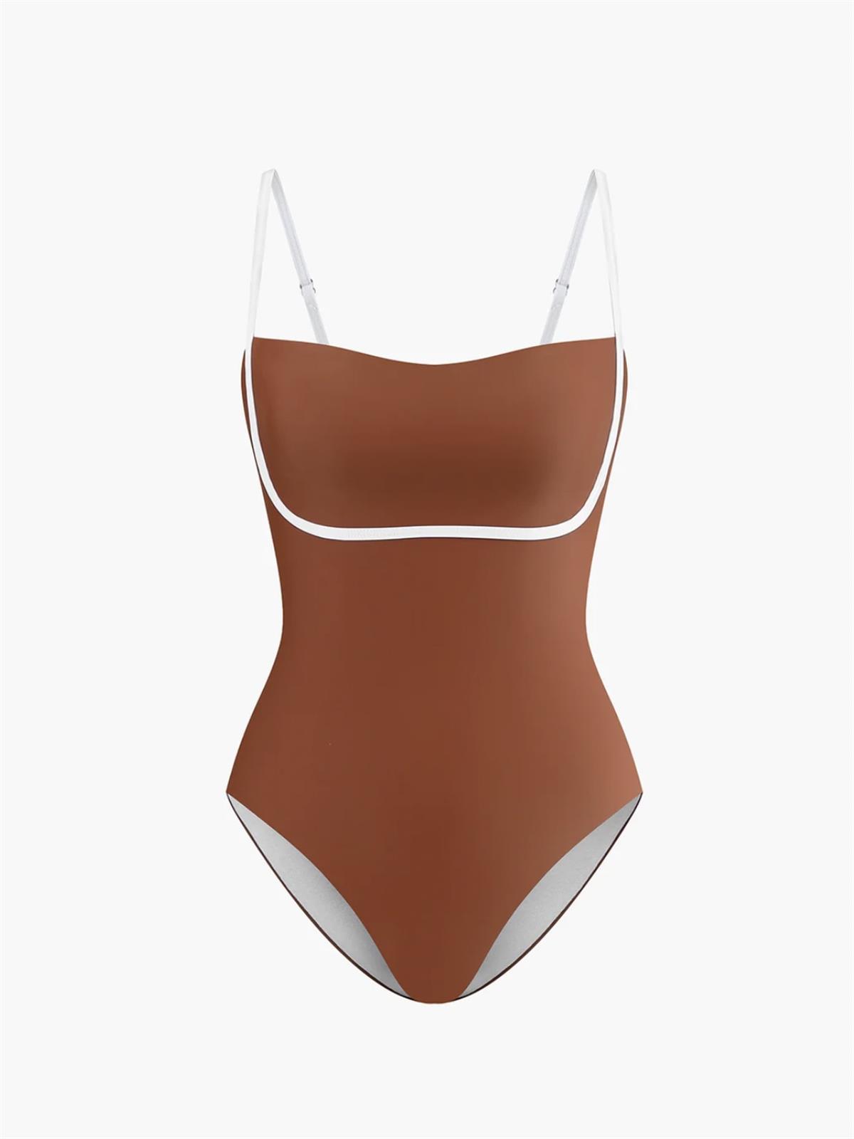 Kontrast Şerit Detaylı Kare Yaka Kiremit Mayo