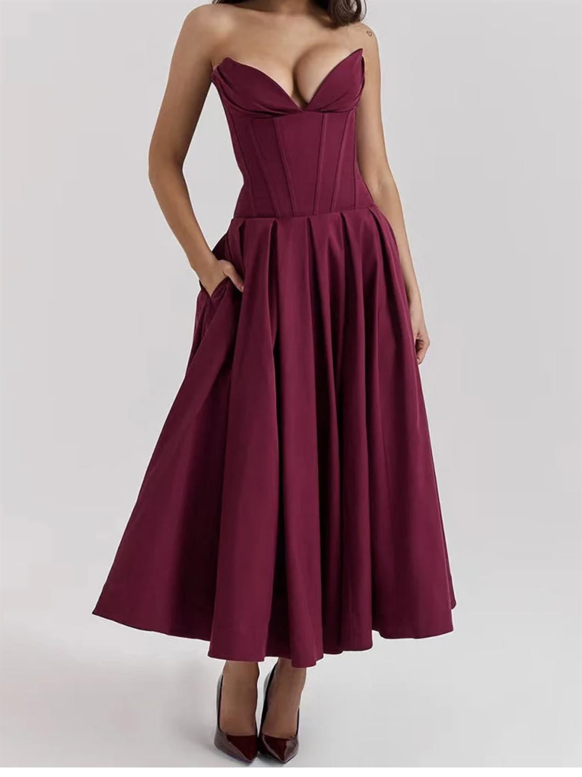 Korse Formlu Kalp Yaka Bordo Midi Elbise