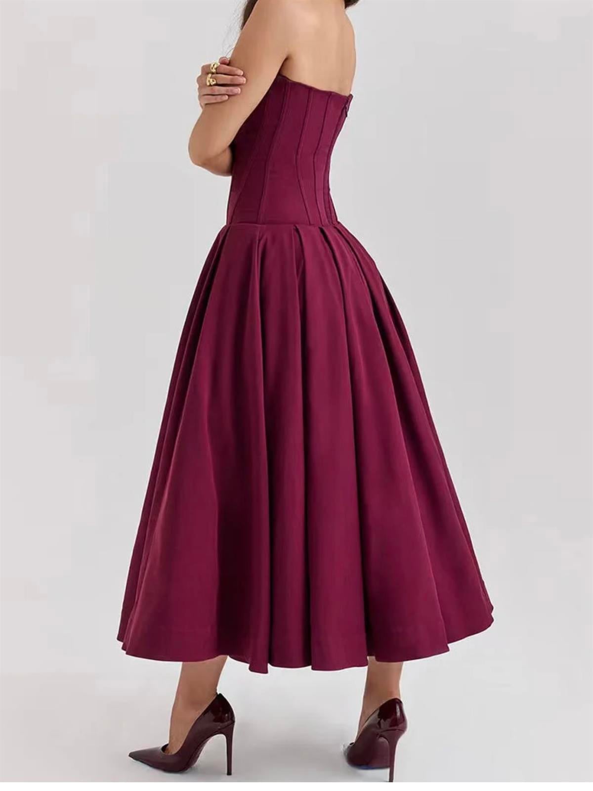 Korse Formlu Kalp Yaka Bordo Midi Elbise