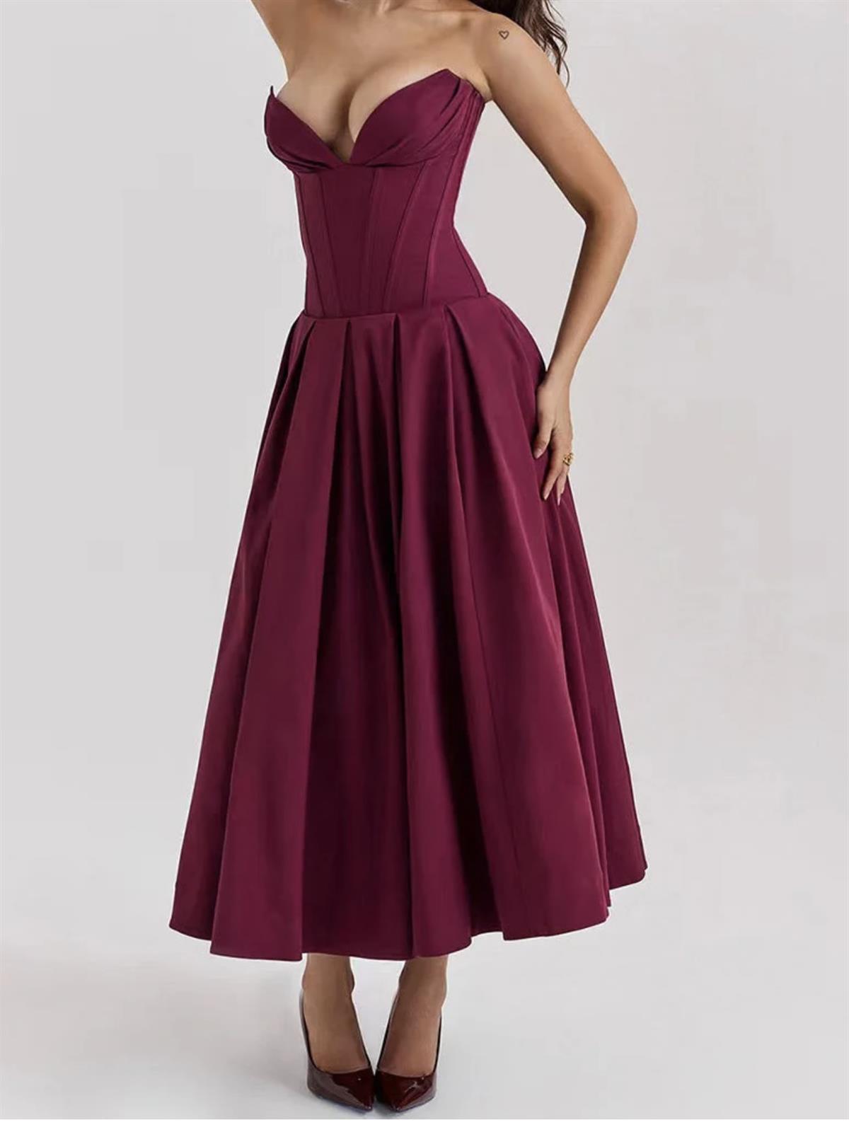 Korse Formlu Kalp Yaka Bordo Midi Elbise
