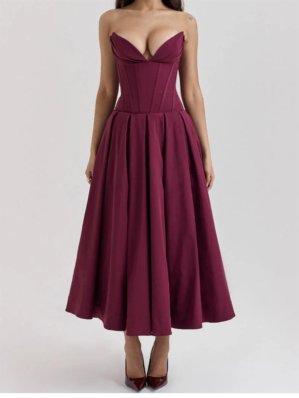 Korse Formlu Kalp Yaka Bordo Midi Elbise