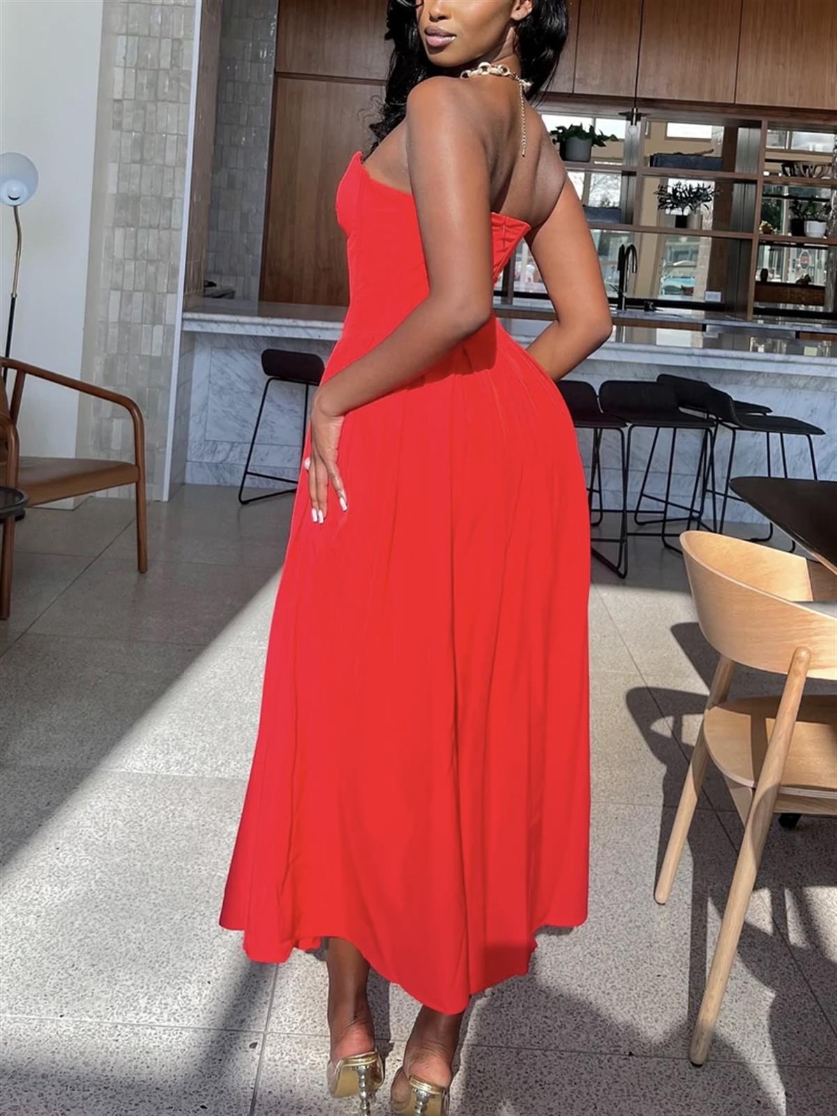 Korse Formlu Kalp Yaka Nar Çiçeği Midi Elbise