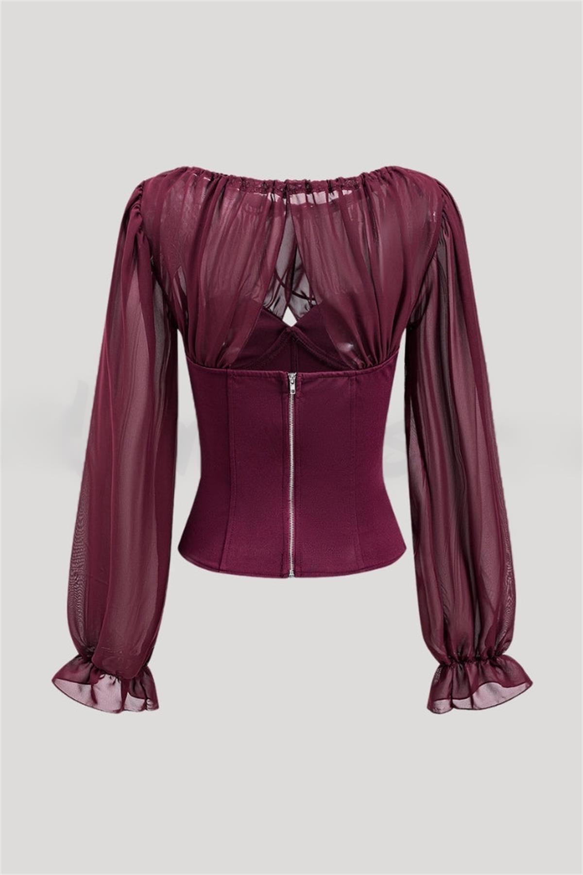 Korse Formlu Şifon Kol Detaylı Bordo Bluz