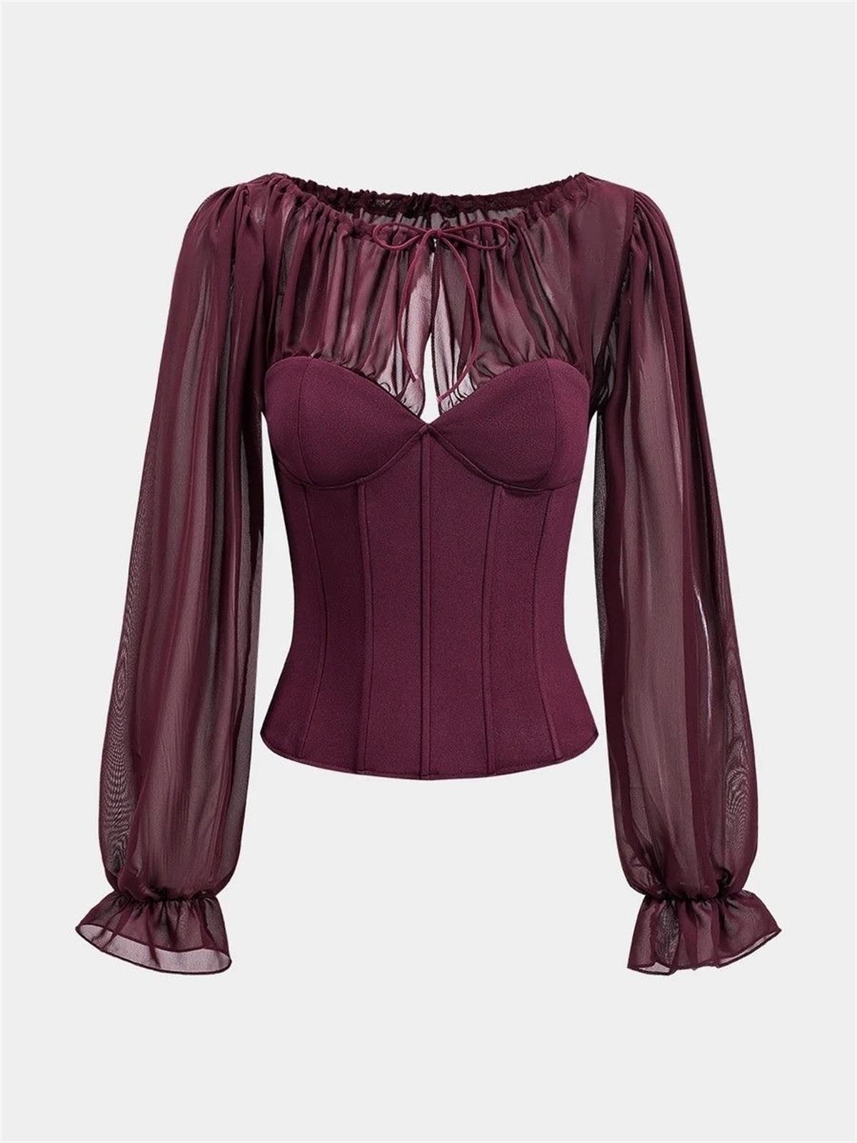 Korse Formlu Şifon Kol Detaylı Bordo Bluz