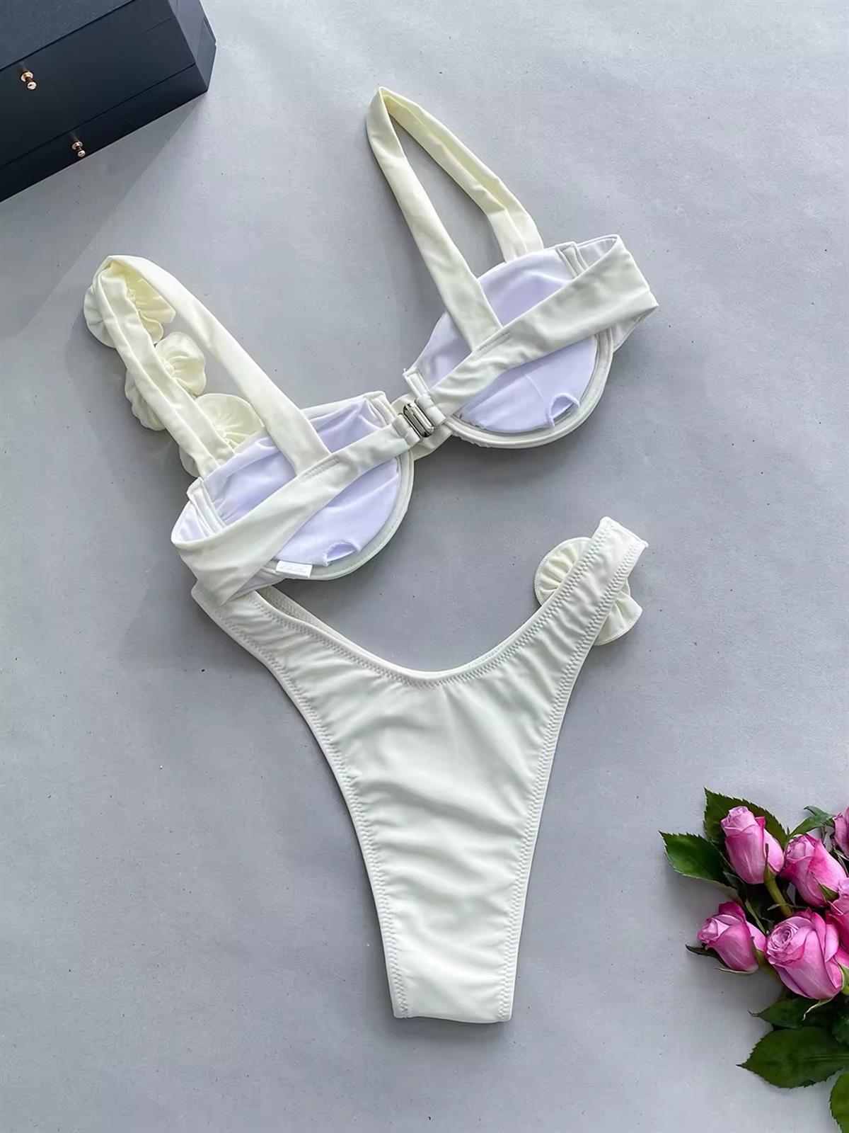 Krem Gül Detaylı Bikini Takımı