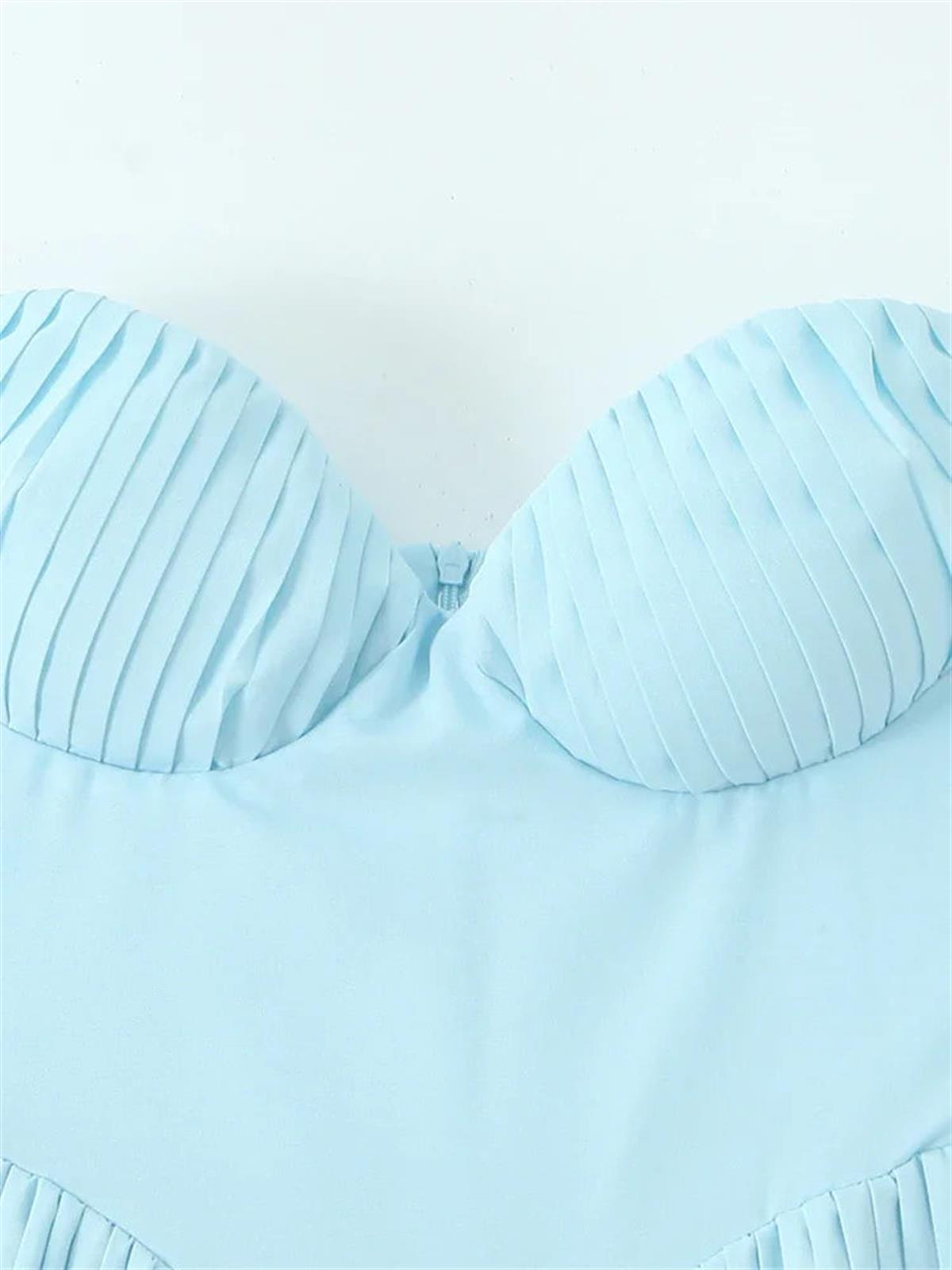 Mavi Büzgü Detaylı Straplez Pliseli Uzun Elbise