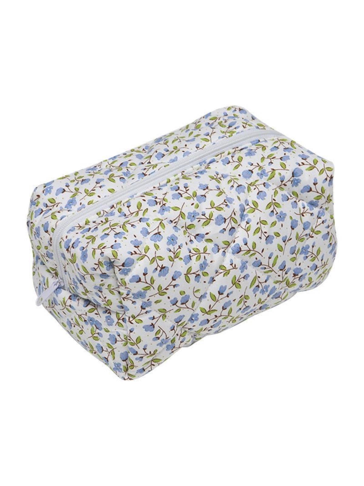 Mavi Çiçek Desenli Küçük Boy Makyaj Çantası